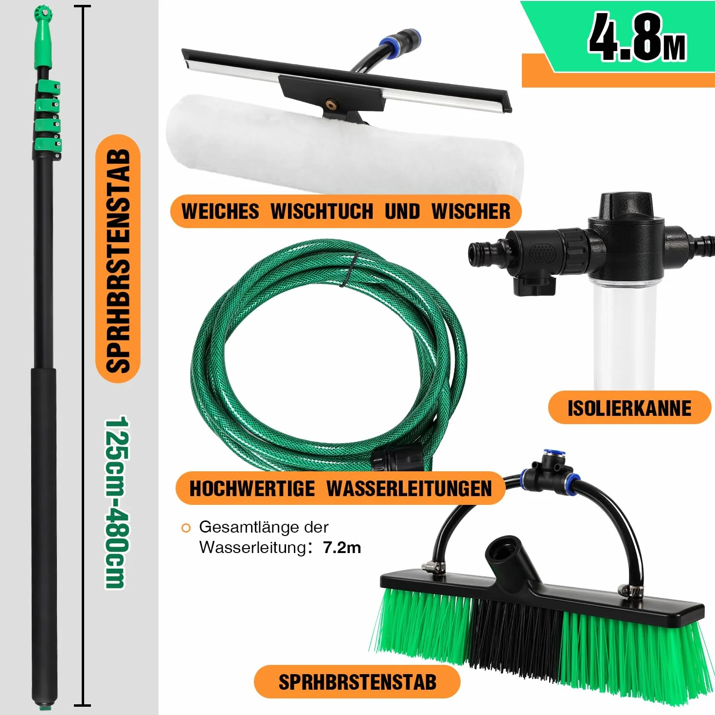 Teleskopowa szczotka do mycia 4,8 m – szczotka do mycia z trzonkiem teleskopowym, szczotka teleskopowa z przyłączem wody, zestaw do czyszczenia ogrodu zimowego do systemów PV i okien