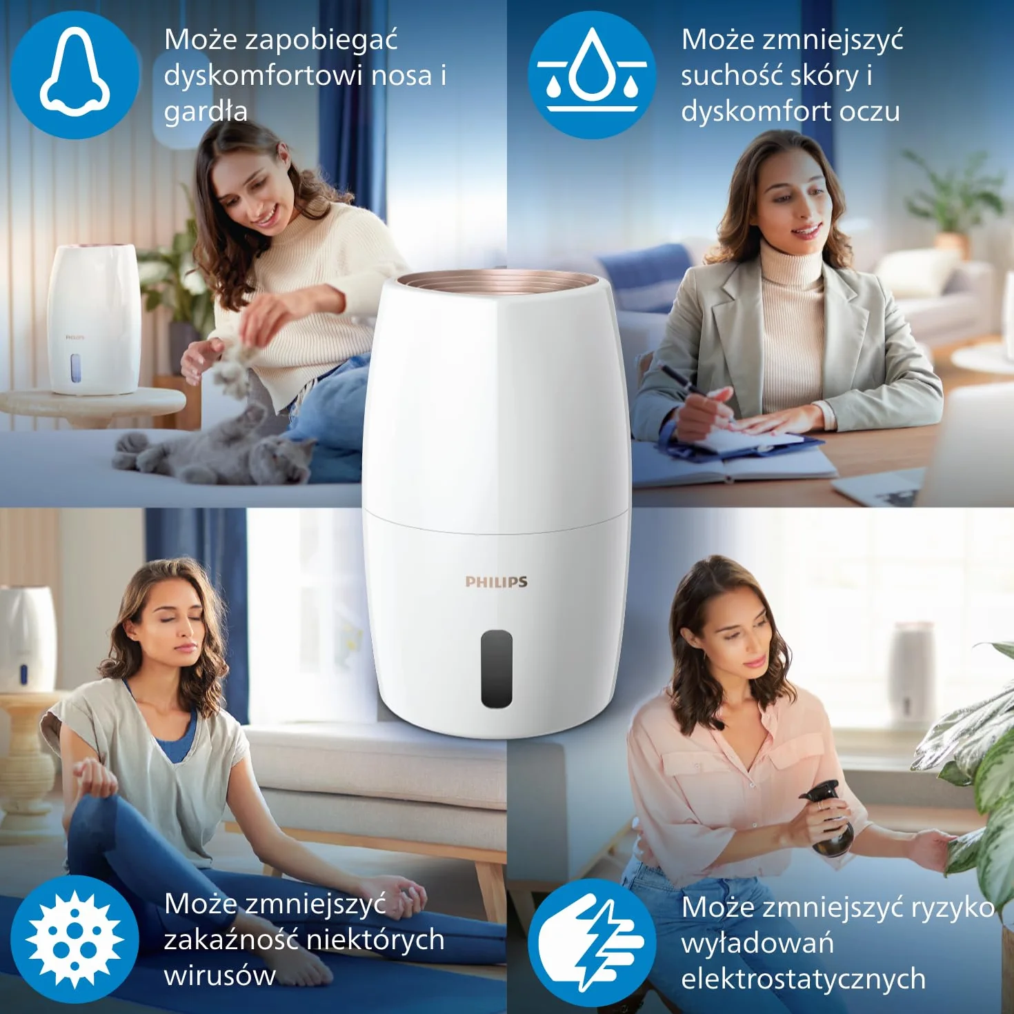 Philips Nawilżacz powietrza Serii 2000, Higieniczne nawilżanie NanoCloud, 99,97% mniej bakterii, 200 ml/h, Zbiornik 2L, Ultra cichy (33 dB), 3 prędkości, Tryby Auto i Nocny, Timer, Biały (HU2716/10)