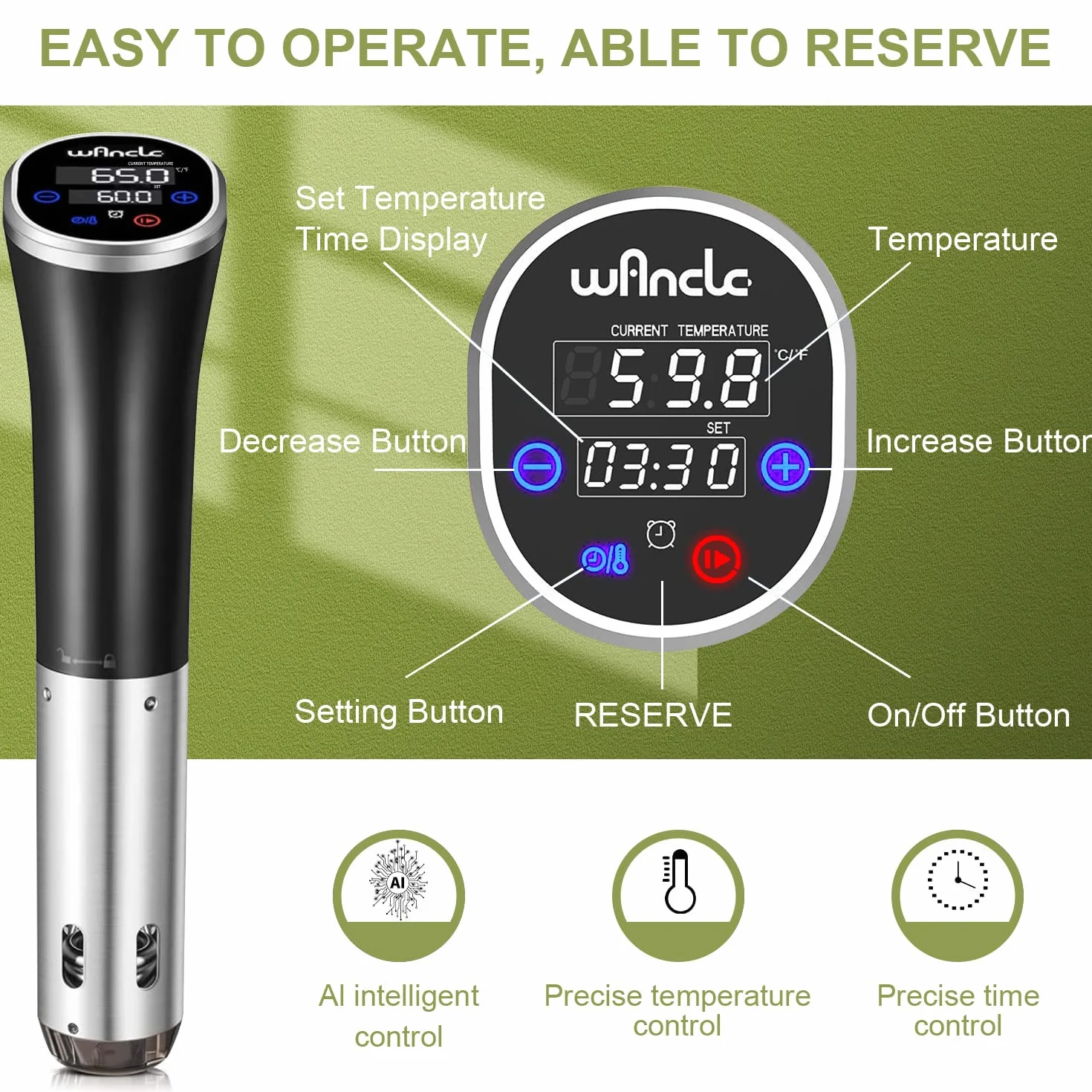 Wancle Sous Vide Maszyna Sous Vide Precyzyjny Cooker 1100W Sous Vide Cooker IPX7 Wodoodporny Cyrkulator Zanurzeniowy z Funkcją Rezerwacji Łatwy do Przechowywania (Czarny)
