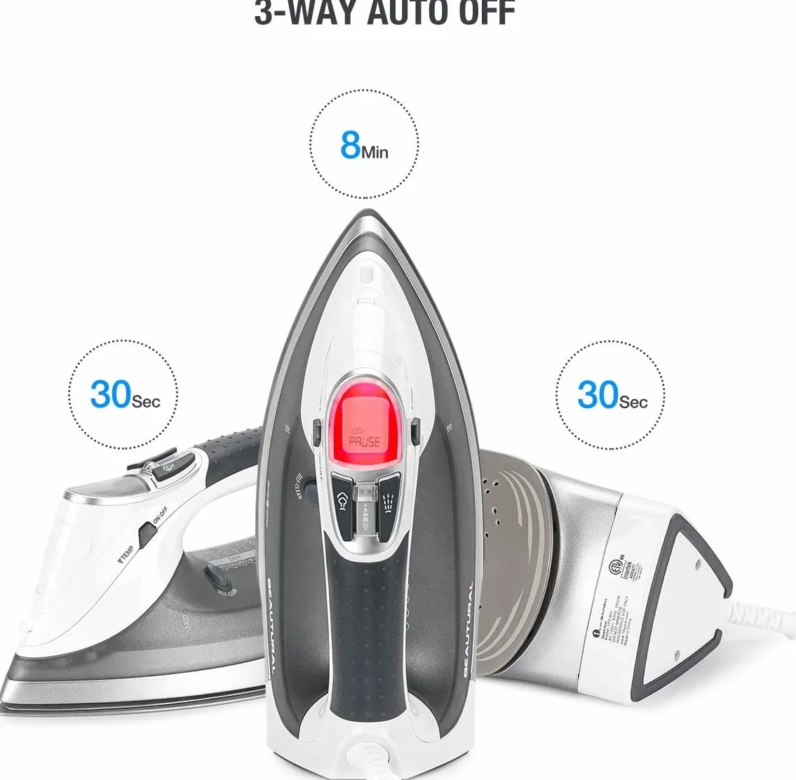 Beautural Żelazko parowe, 2400 W, ceramiczna stopa, zbiornik 340 ml, 9 ustawień pary, wyświetlacz LCD, długość kabla 2,4 m, automatyczne wyłączanie, samoczyszczenie
