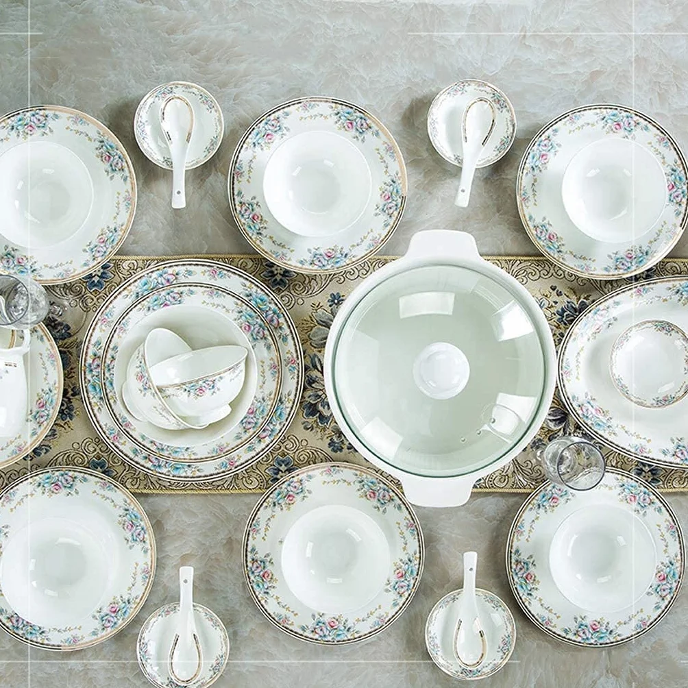 48-częściowy ceramiczny zestaw zastawy stołowej z kwiatowym wzorem, zawiera miski, naczynia, garnek do zupy i łyżki do restauracji i domowej jadalni