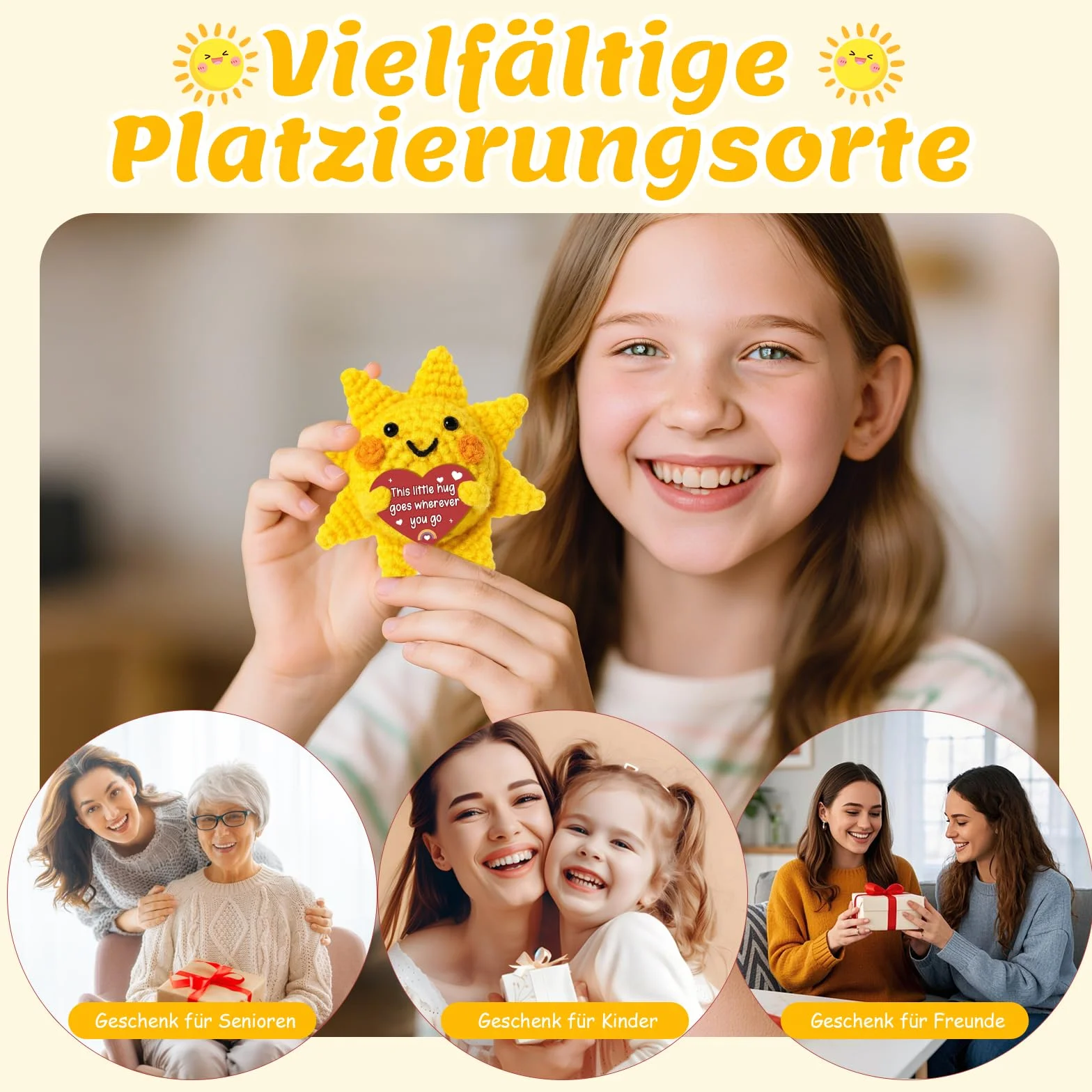 Pozytywne słońce z inspirującą kartką, żółte, pozytywne prezenty, Pocket Hug, słońce, emocjonalne wsparcie, lalka dziergana z wełny, ręcznie szydełkowana, prezent dla kobiet, na urodziny, Boże