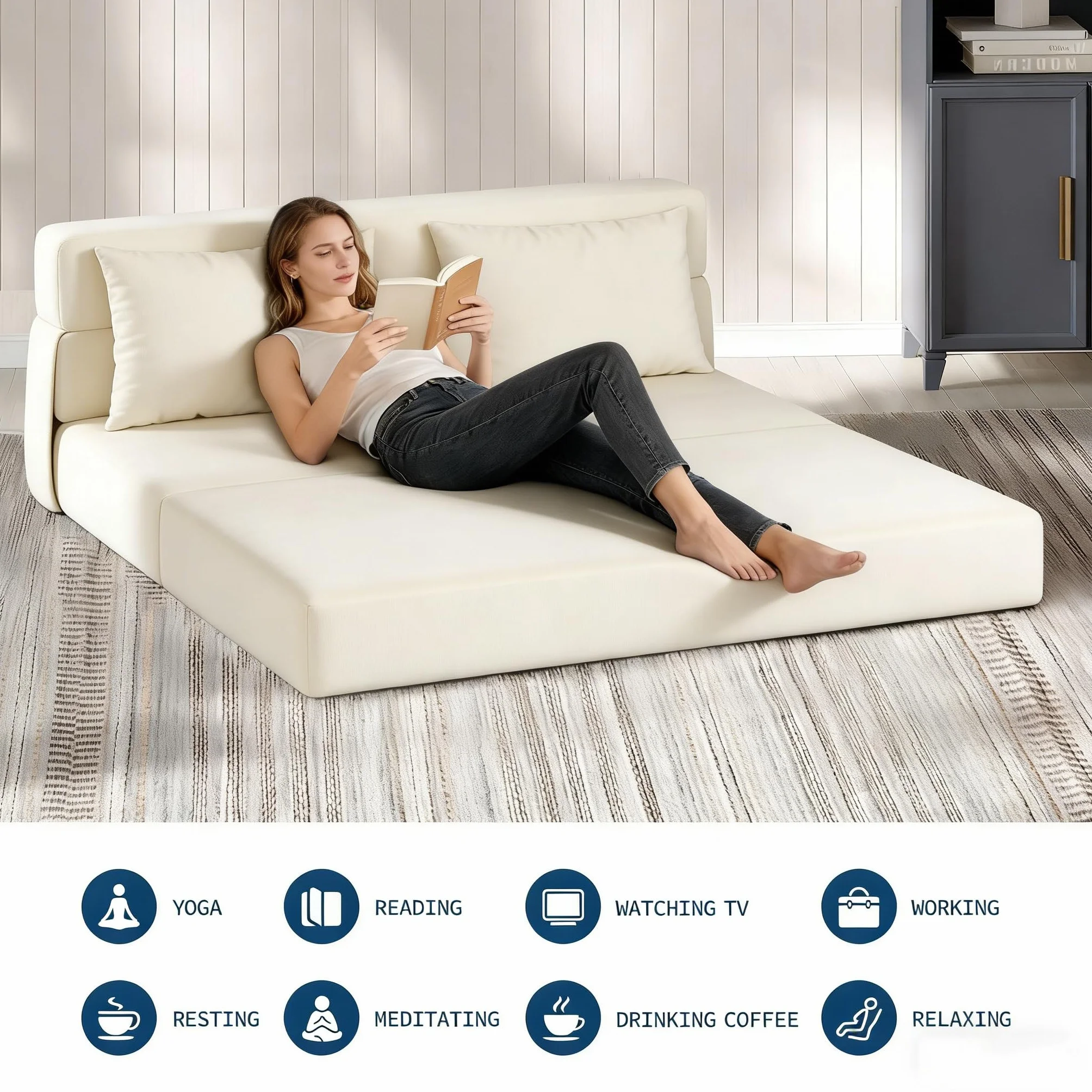 Dwuosobowa sofa rozkładana z prążkowanego aksamitu, 2 w 1 rozkładany fotel z 2 poduszkami, zdejmowany pokrowiec, 2-osobowa leniwa / podgrzewana sofa do sypialni, salonu (200 x 150 x 15 cm, beżowy)