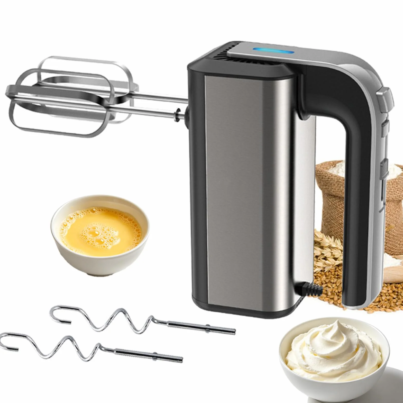 Ręczny mikser ze stali nierdzewnej 800 W, wielofunkcyjny blender do pieczenia z odłączanymi trzepaczkami, lekki trzepaczka kuchenna do ubijania śmietany i wyrabiania ciasta, do domowego pieczenia dese