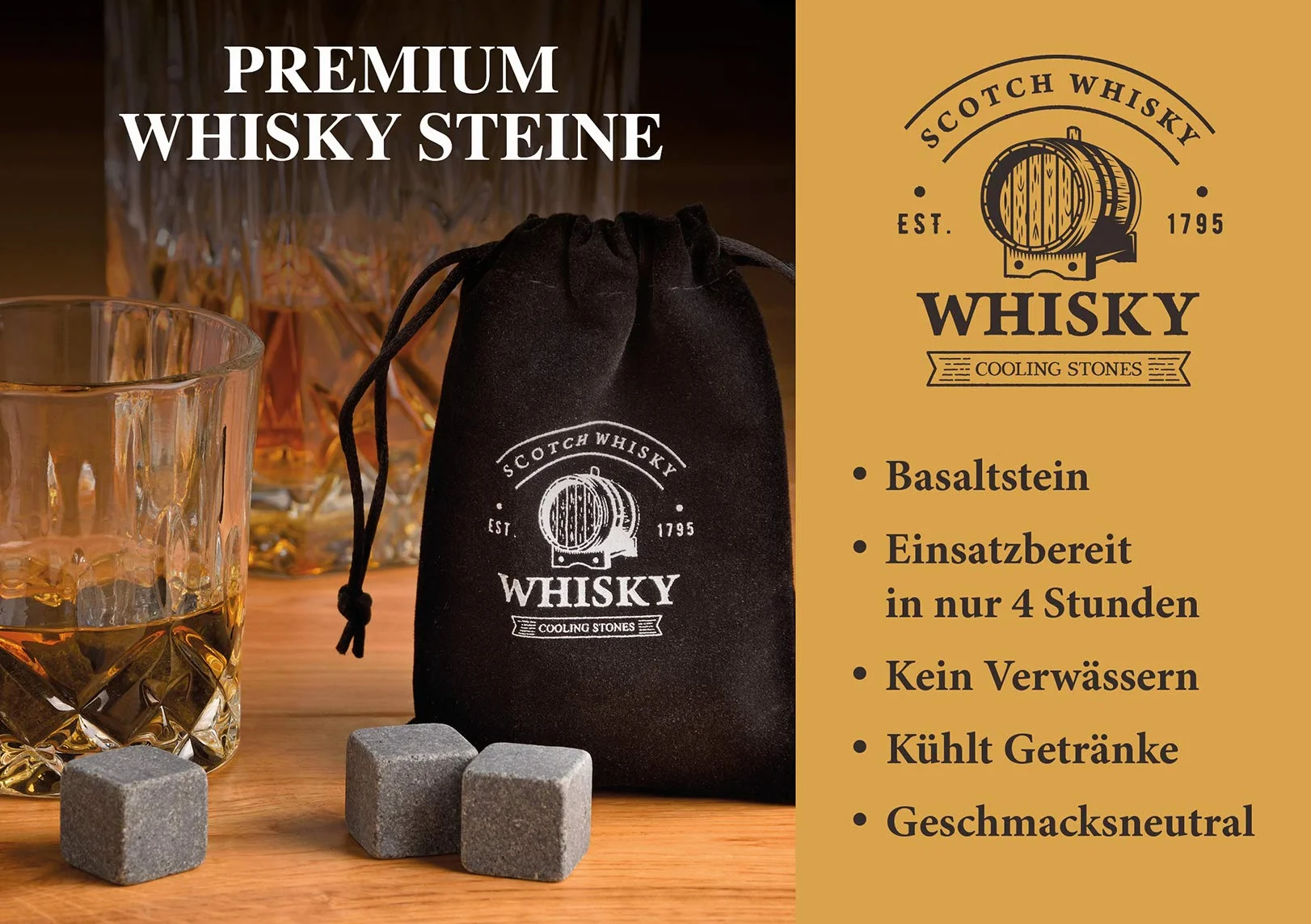 WOMA Zestaw 6 kostek chłodzących z bazaltu, w zestawie woreczek z aksamitu i wysokiej jakości drewniane pudełko, kostki lodu wielokrotnego użytku do whisky, wódki, ginu, rumu, tequili i koktajli