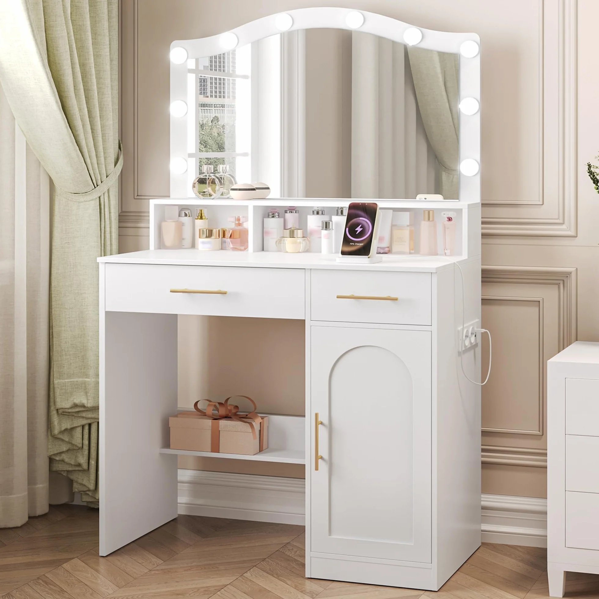 Hzuaneri Vanity, DużE Lustro Hd, 3-Kolorowe Regulowane śWiatłA Led, Ze Stacją łAdująCą, 2 Gniazdami Ac I 2 Portami Usb, 2 Szufladami I 1 Szafką Do Przechowywania, BiałO-ZłOta DT361HDT
