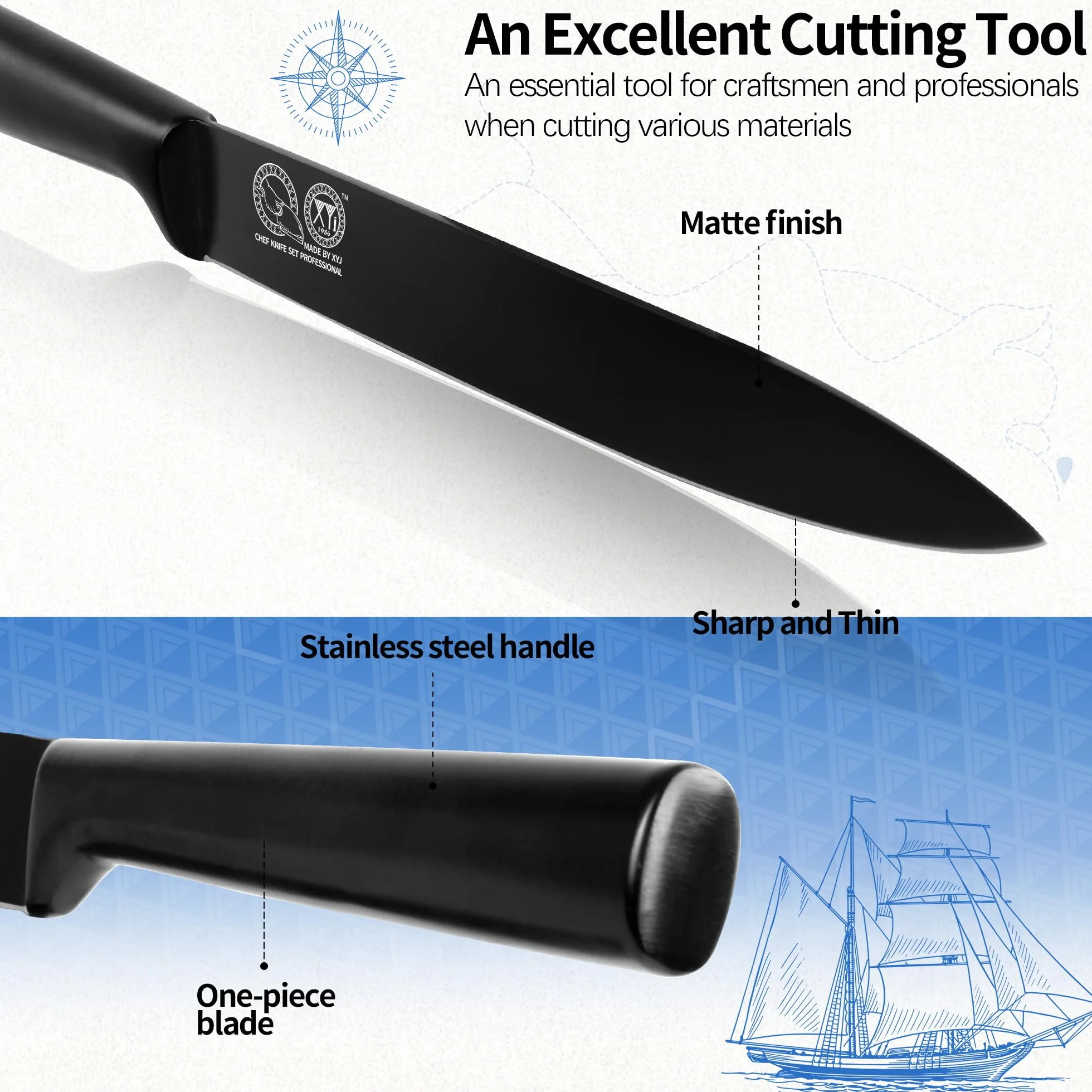 XYJ 8 Inch Professional Kitchen Knife, Full Black Japanese Chef Slicing Knife, Meat Cleaver, Vegetable Slicer Cutting Knife With Sheath, Edge Guard Protector, Outdoor Camping for Mom Dad