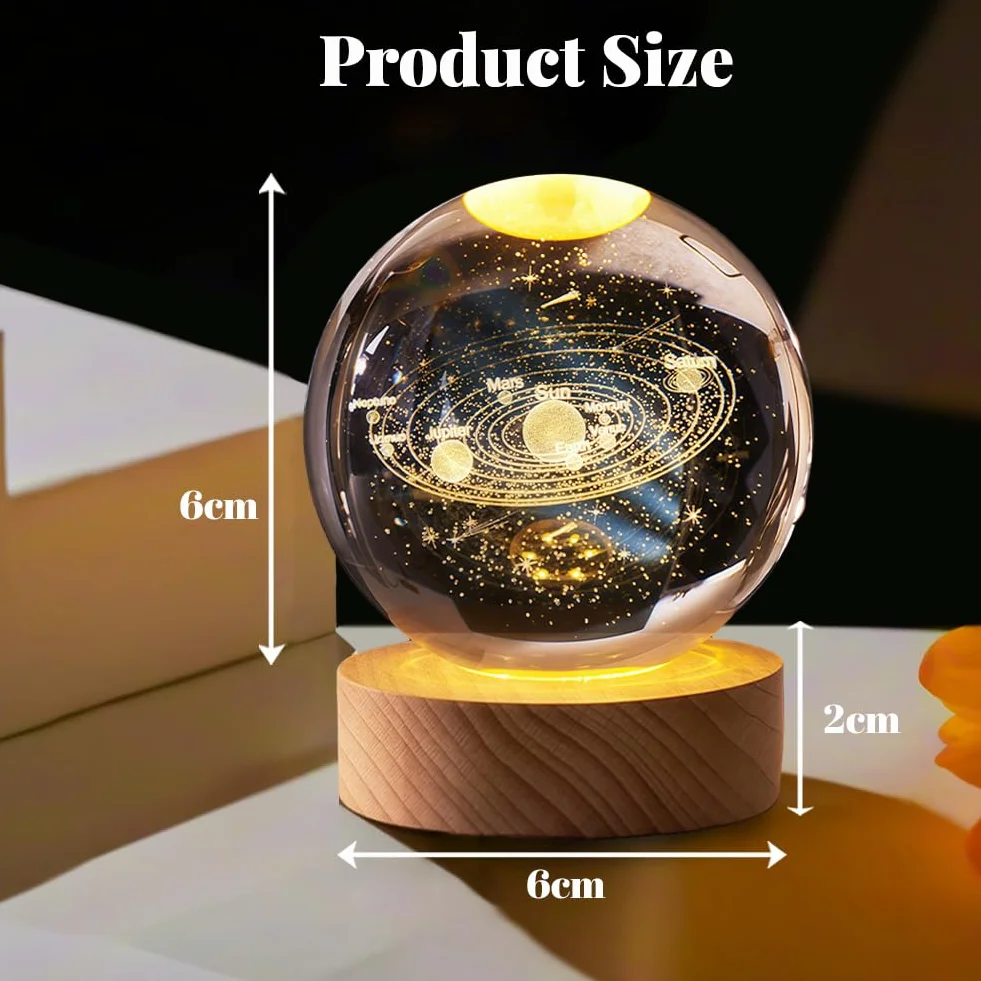 60 mm / 152 cm 3D Kula Układu Słonecznego z Kryształem, Szklana Kula Układu Słonecznego Z Laserowo Wygrawerowanym Kryształem, Lampa Kryształowa Układu Słonecznego, Prezenty w Tematyce Układu