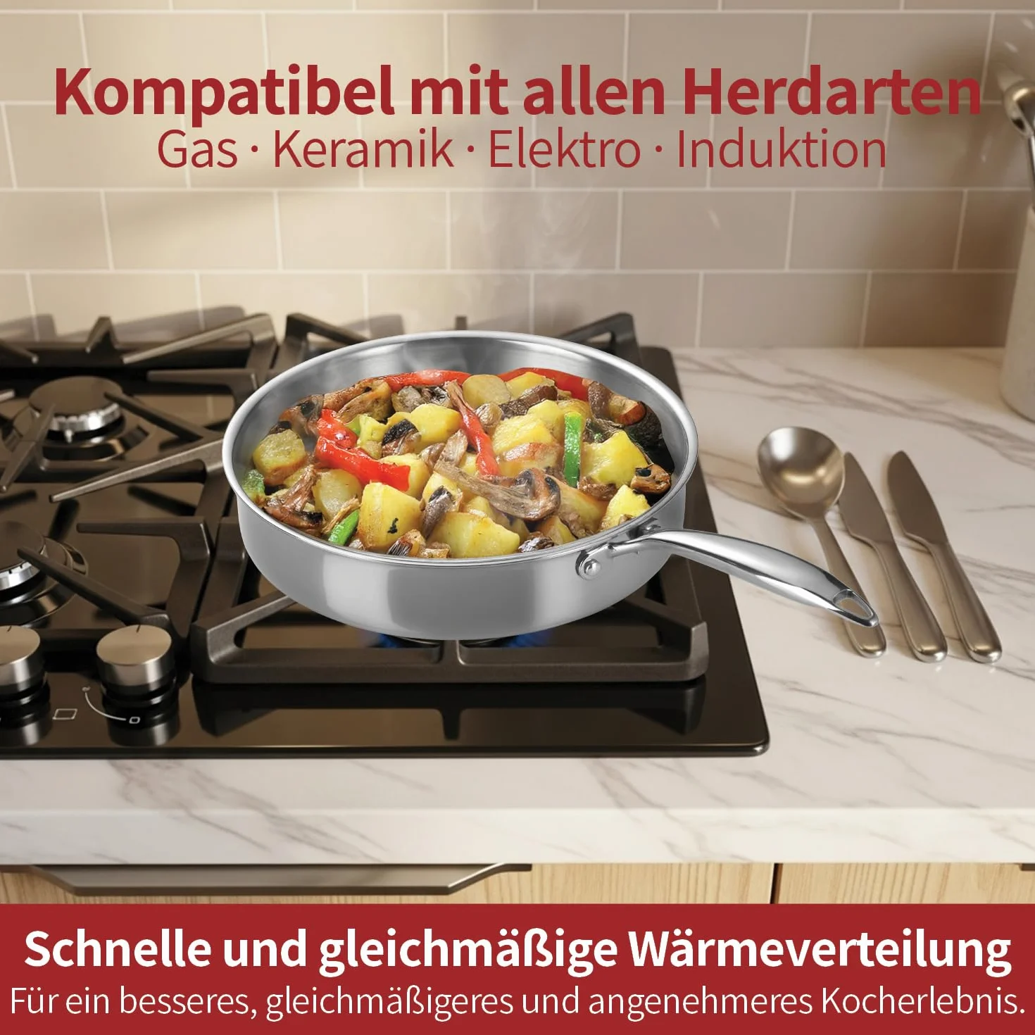 Stainless Steel Frying Pan 22 cm Non-Stick – 3-Ply Induction Pan with Aluminum Core – Cool Hollow Handle – Oven-Safe up to 260°C – Pan for Frying, Sautéing, Searing, Braising, Roasting