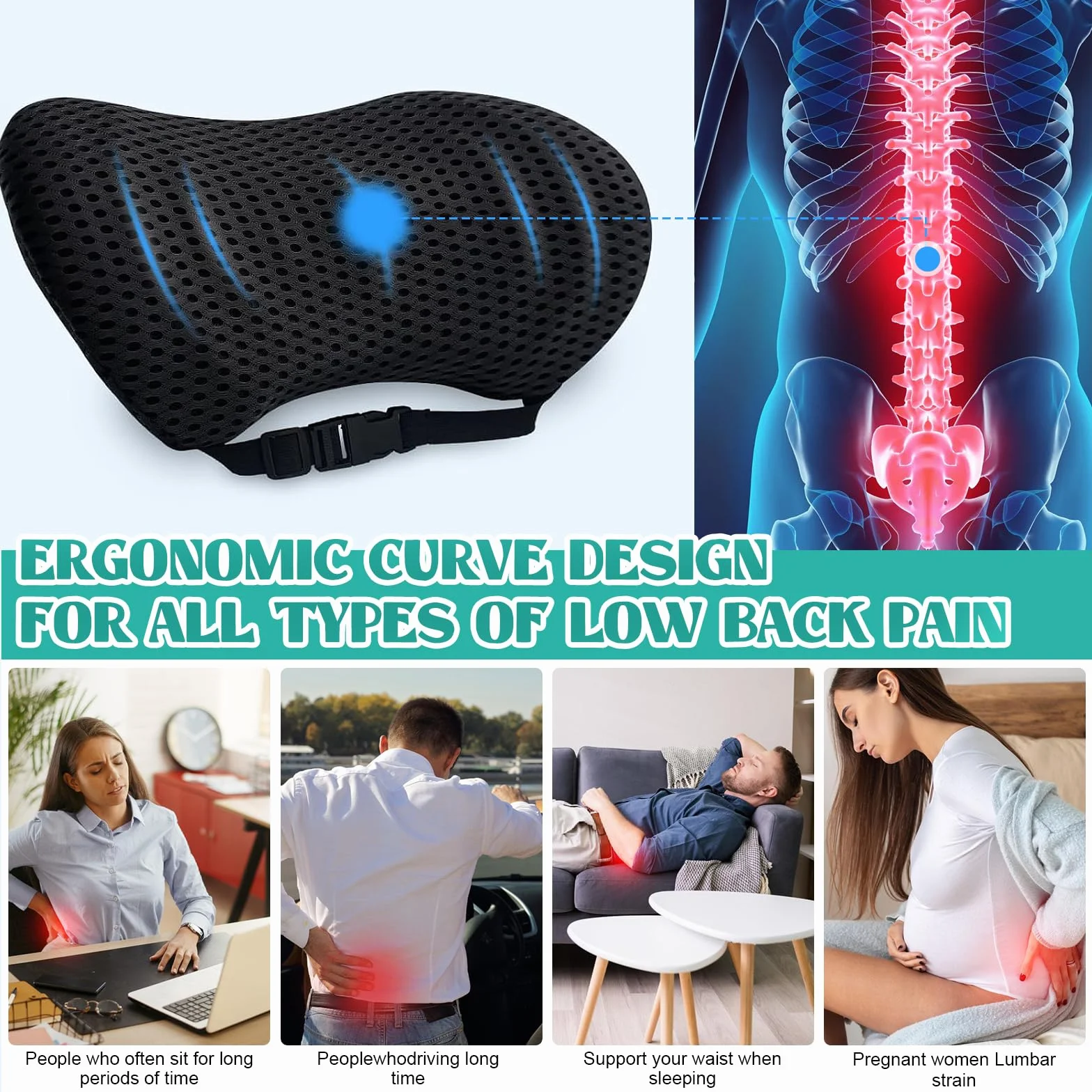 Ergonomiczna poduszka lędźwiowa z pianki z pamięcią kształtu, ortopedyczne wsparcie pleców