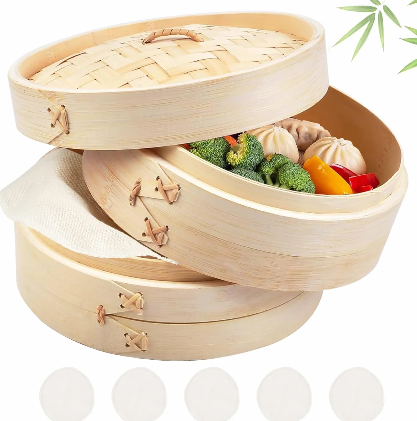 Parowar bambusowy 20 cm, 2 poziomy, do ryżu, Dim Sum, warzyw, ryb i mięsa, w zestawie 5 bawełnianych ściereczek