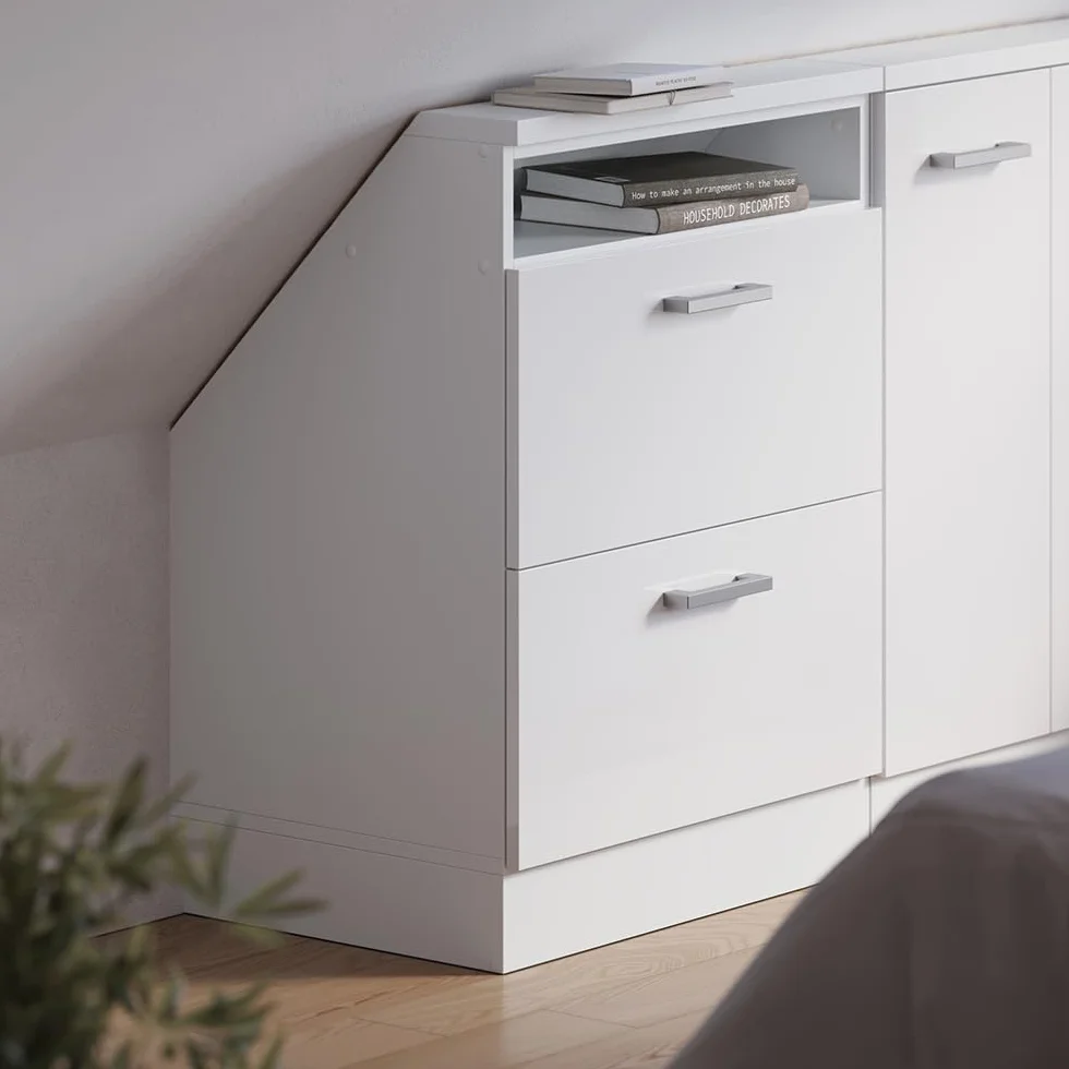Vicco Szafa skosna Rion, Biały wysoki połysk/Biały, S60 x G46 cm z 2 szufladami, oszczędność miejsca pod skosami