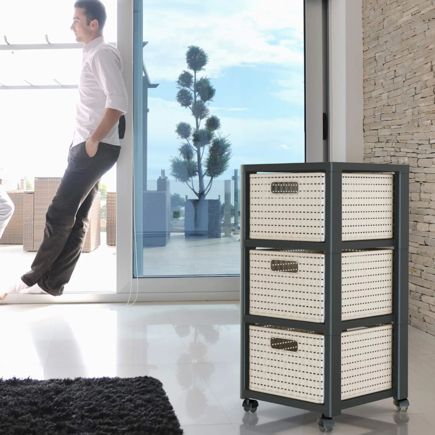 Rotho Country szafka na kółkach z 3 szufladami o wyglądzie rattanu, tworzywo sztuczne (PP), nie zawiera BPA, biała, 3 x A4/18 l (37,5 x 32,5 x 71,2 cm)