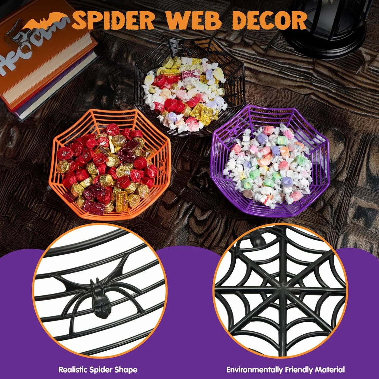 JOYIN Halloweenowa miska na cukierki pajęczyna cukierek albo psikus miska dekoracje na Halloween do wnętrz plastikowe naczynie na cukierki upominki na przyjęcie artykuły do nawiedzonego domu stół