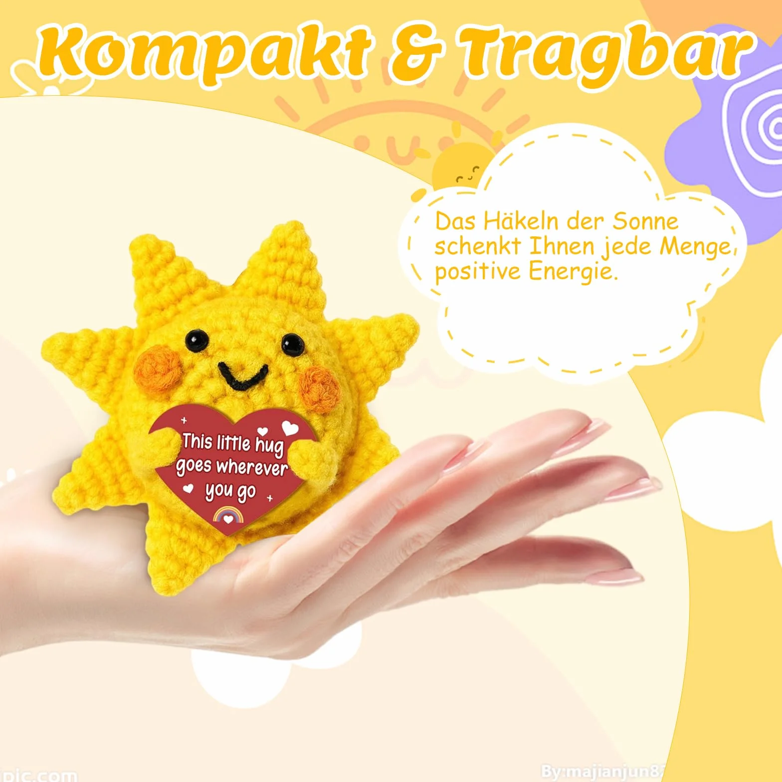Pozytywne słońce z inspirującą kartką, żółte, pozytywne prezenty, Pocket Hug, słońce, emocjonalne wsparcie, lalka dziergana z wełny, ręcznie szydełkowana, prezent dla kobiet, na urodziny, Boże