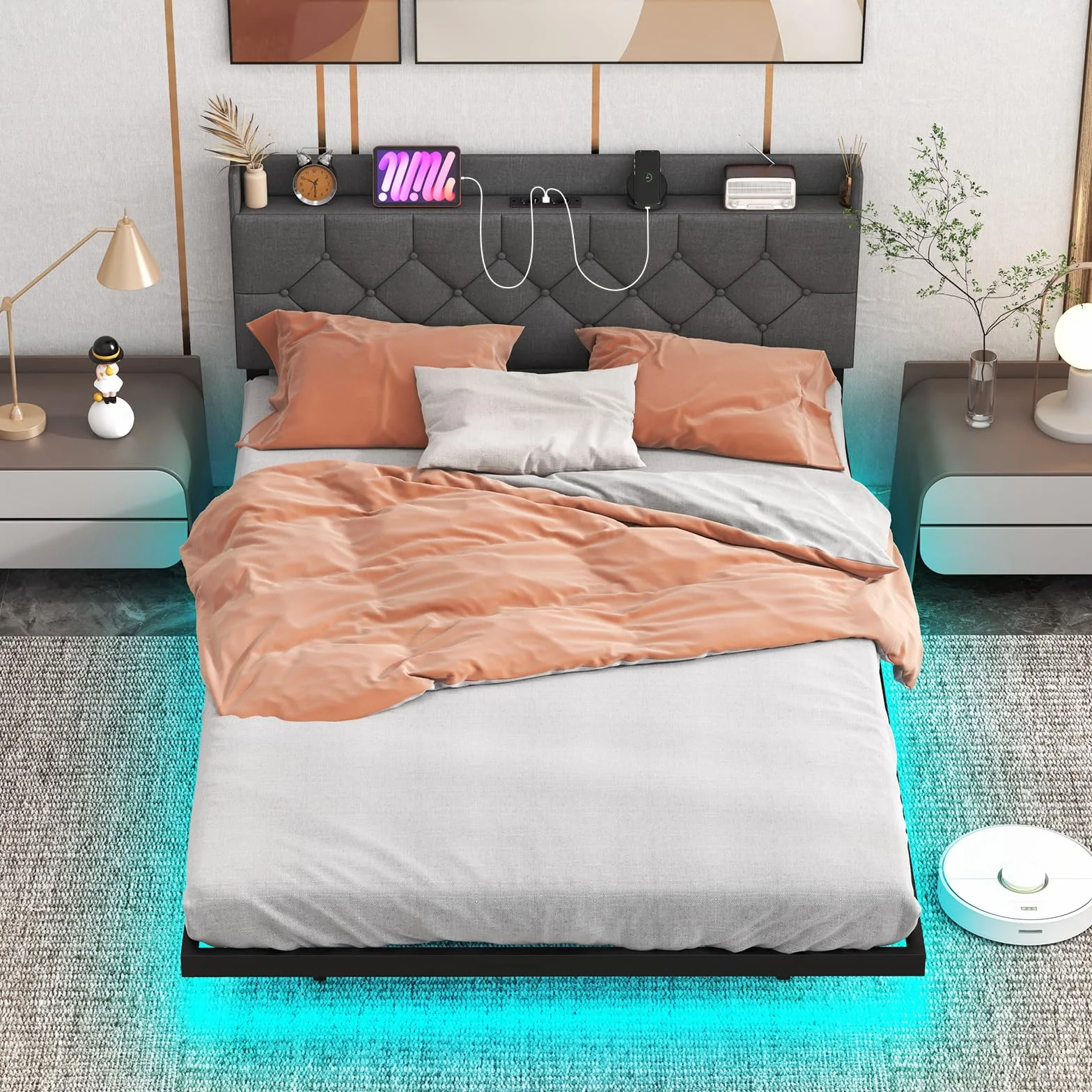 COSTWAY Łóżko tapicerowane z oświetleniem LED i stacją ładującą 140x200 cm z regulowanym zagłówkiem