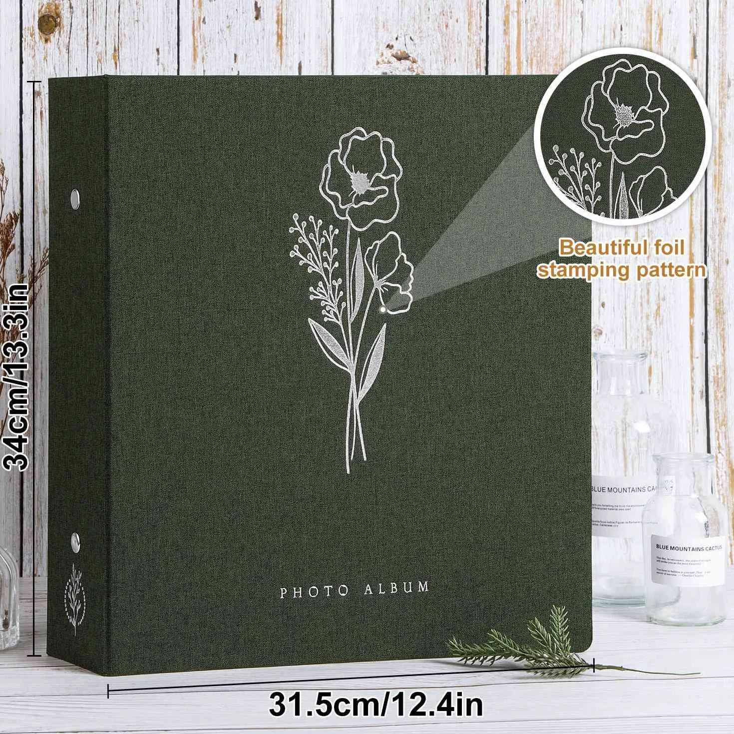 Lanpn Album na zdjęcia, lniany, 600 kieszeni, pomieści zdjęcia poziome i pionowe w rozmiarze 10 x 15 cm, zielony