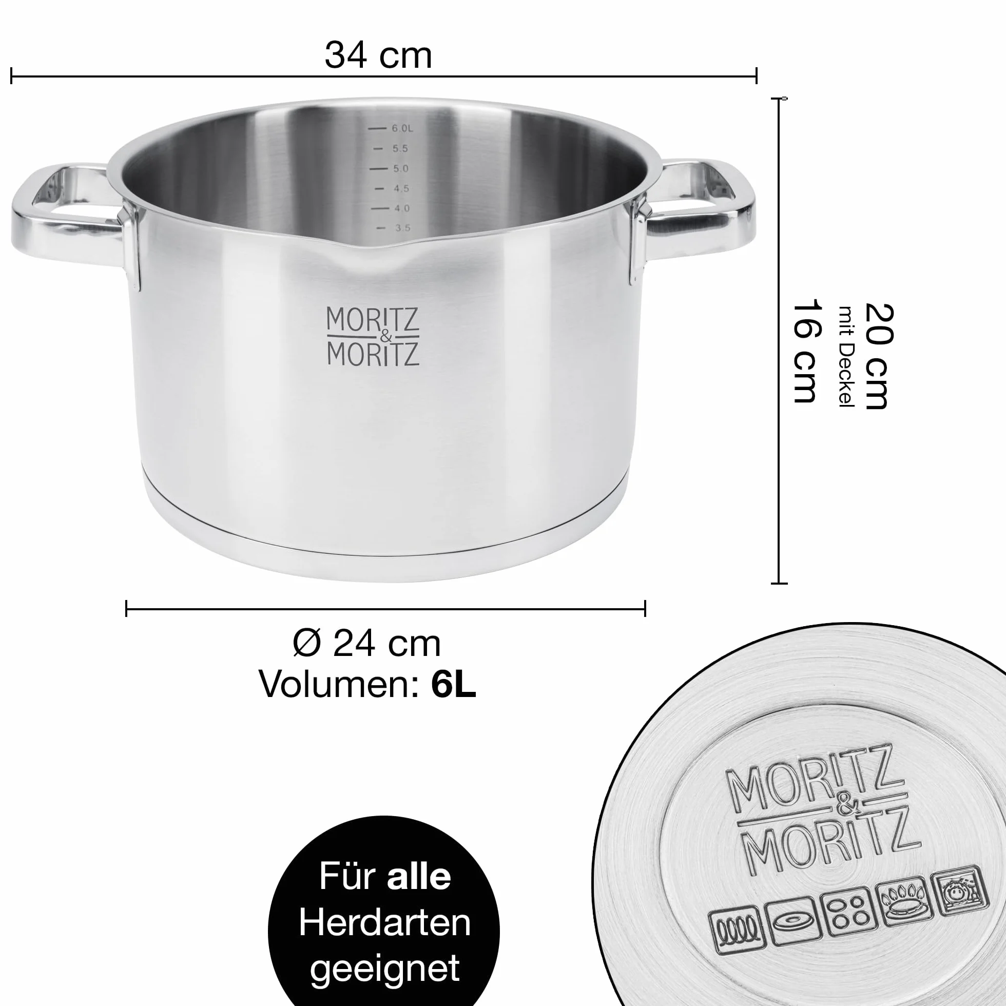 Moritz & Moritz Garnek do gotowania ze stali nierdzewnej 24 cm z sitkiem w pokrywie – skala do 6 l – nadaje się do wszystkich rodzajów kuchenek – idealny do zup i dań jednogarnkowych