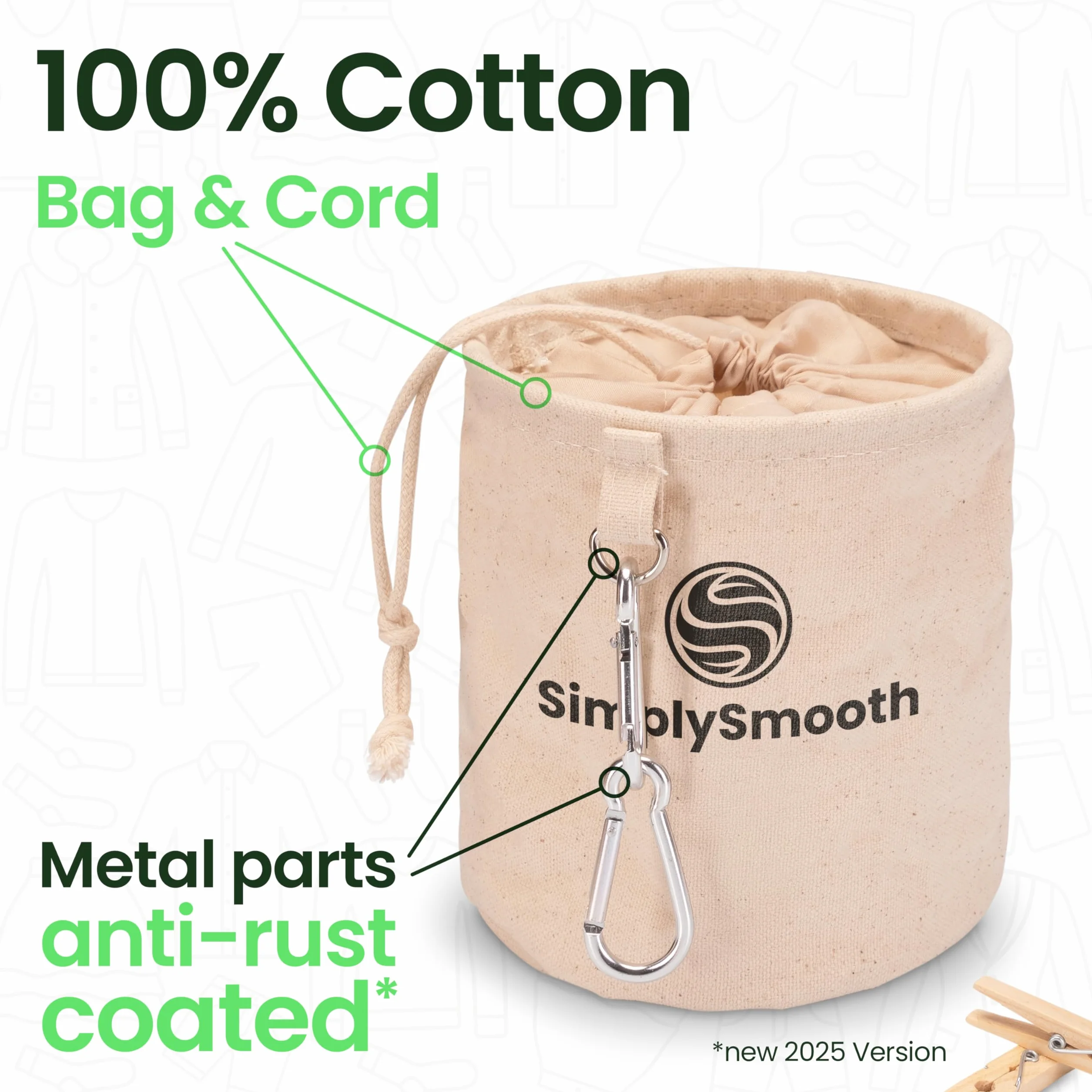 SimplySmooth Worek na spinacze XL na 200 spinaczy do bielizny – worek na klamerki ze 100% bawełny z bardzo dużymi karabińczykami do zawieszenia – kosz na spinacze do prania z zamknięciem