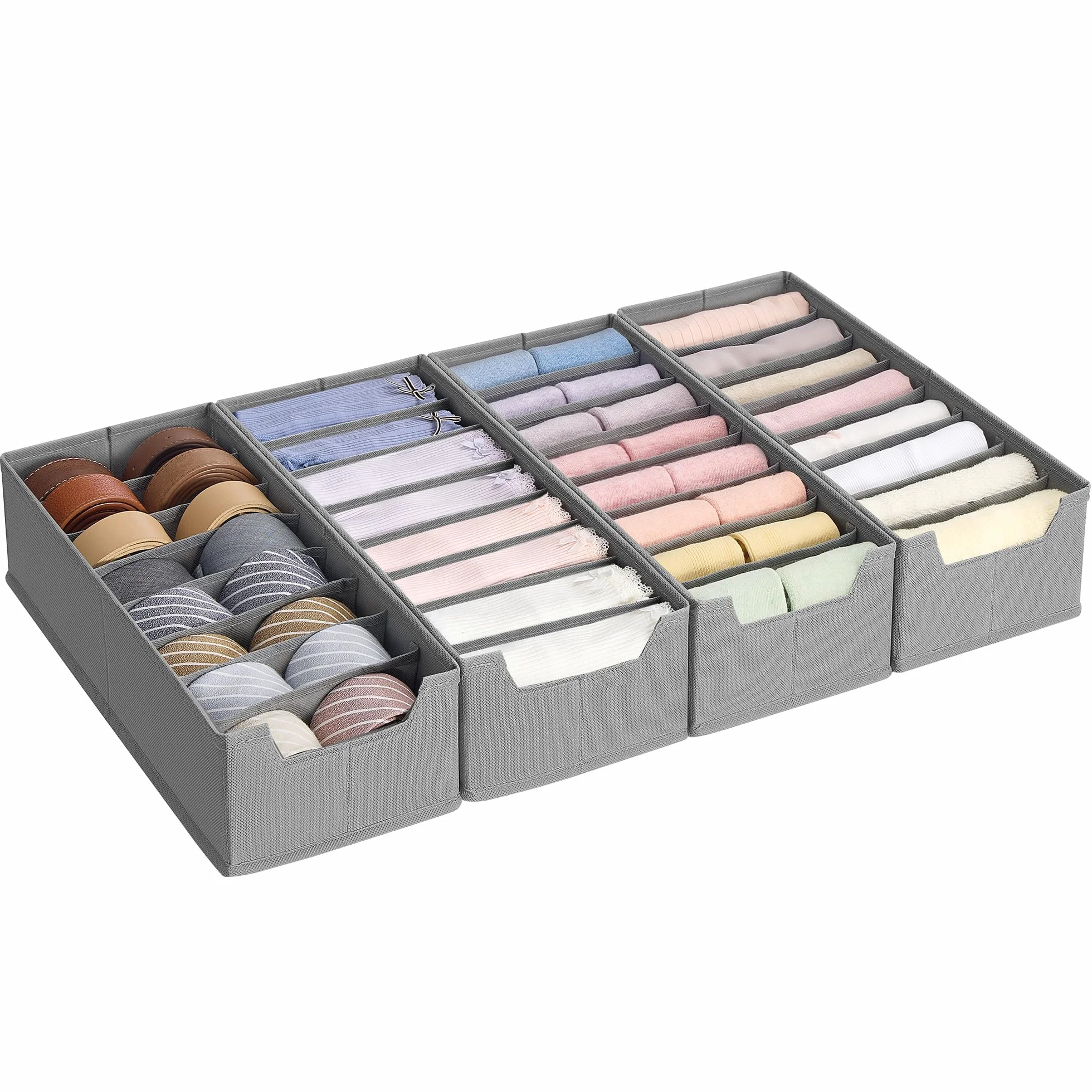 SONGMICS Zestaw 4 organizerów na bieliznę, organizer do szuflady do komód IKEA HEMNES i MALM, z przegródkami, składany organizer do szafy, 40 x 16 x 10 cm na skarpetki, gołębi szary RUS014G01