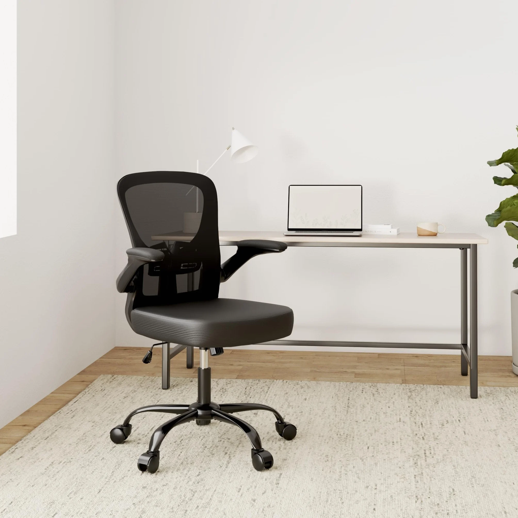 Yaheetech Krzes?o biurowe z pod?okietnikami sk?adanymi Fotel komputerowy, szersze siedzisko, regulowana wysoko??, 61 x 61 x 95-105 cm czarne