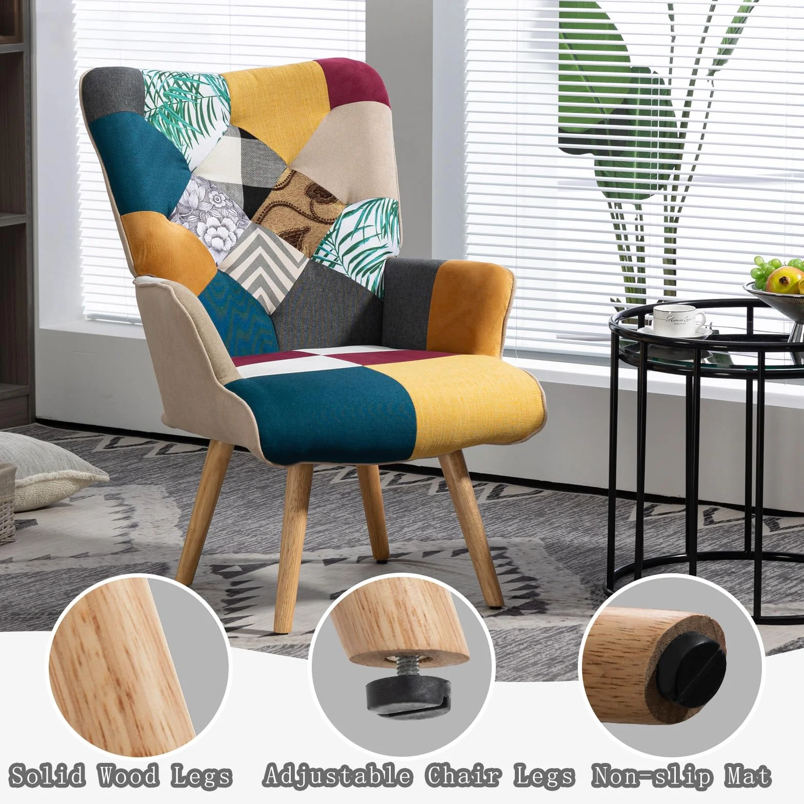 Patchwork fotel relaksacyjny, lniany fotel wypoczynkowy z nóżkami z litego drewna, fotel z uszami do salonu, sypialni, kącik do czytania, wielokolorowy