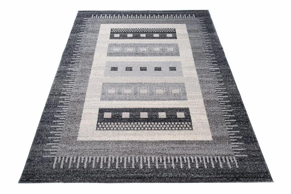 Tapiso® Dywan Sari z krótkim włosiem | melanżowy designerski dywan w kolorze szaro-białym, czarnym, z abstrakcyjnym wzorem w paski, karo, diamenty, idealny do salonu, pokoju gościnnego, jadalni, Ökotex 120 x 170 cm