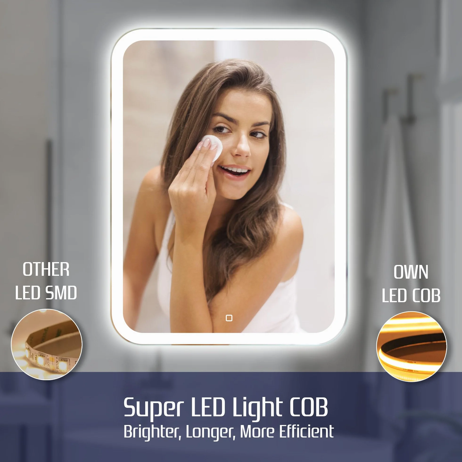 50x70 cm Prostokątne lustro łazienkowe z oświetleniem LED, Podświetlone lustro z włącznikiem, Zaokrąglone prostokątne lustro łazienkowe z naturalnym białym światłem, Podświetlane z przodu