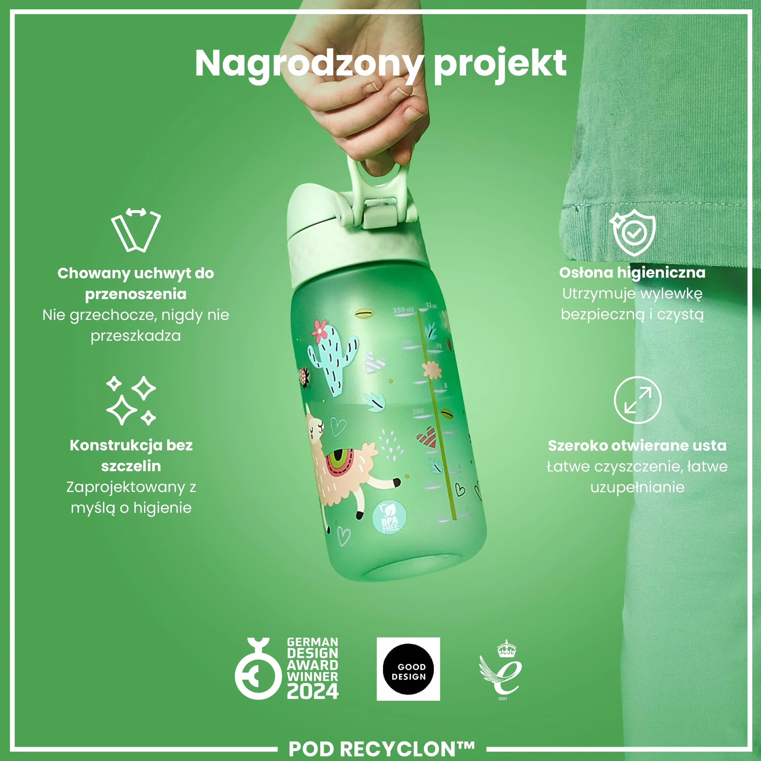 ION8 Butelka dla Dzieci, 350 ml/12 oz, Szczelna, Łatwa do Otwarcia, Bezpieczny Zamek, Można Myć w Zmywarce, Bez BPA, Uchwyt do Przenoszenia, Łatwa do Czyszczenia, Bezwonny, Lamy