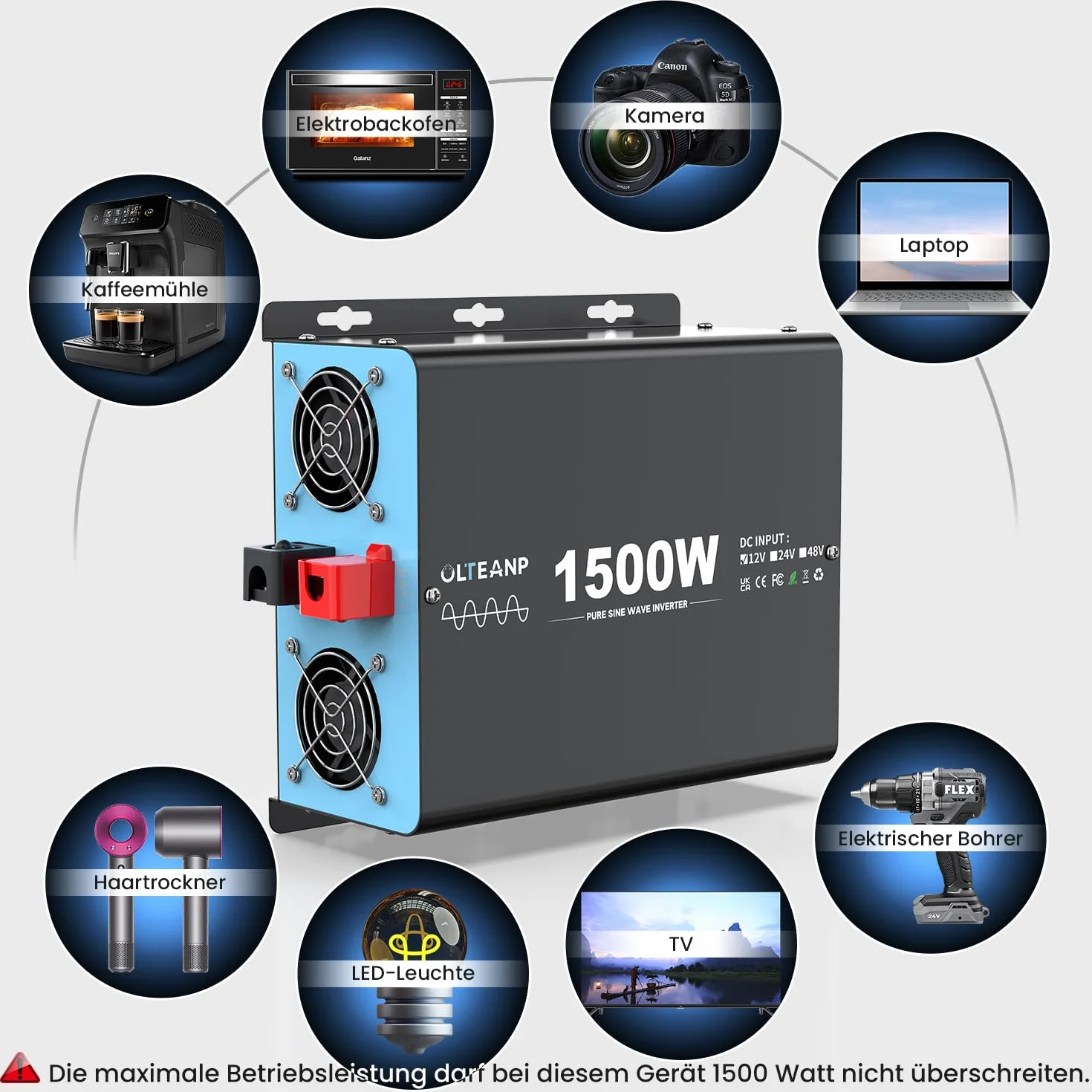 Przetwornica napięcia 1500 W, 12 V na 230 V, czysta sinusoidalna przetwornica napięcia z pilotem LCD – 2 x gniazda AC, USB i typ C – idealny do przyczep kempingowych, na kemping, łódź i w przypadku