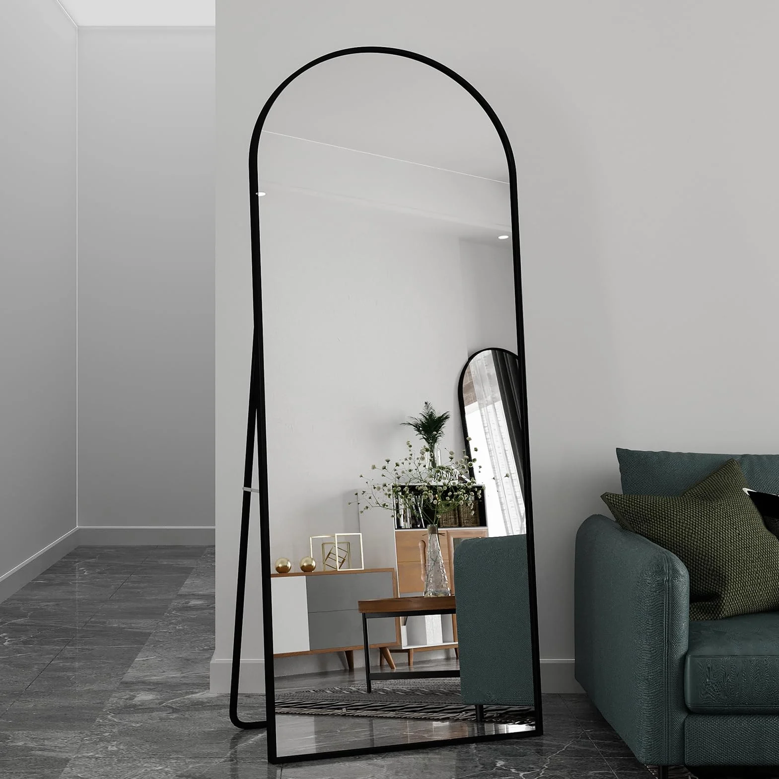 Lustro o pełnej długości, 180 x 80 cm, łukowate lustro Shpe, wolnostojące, duże lustro stojące ze stopu aluminium, do garderoby, przedpokoju, sypialni (czarne)