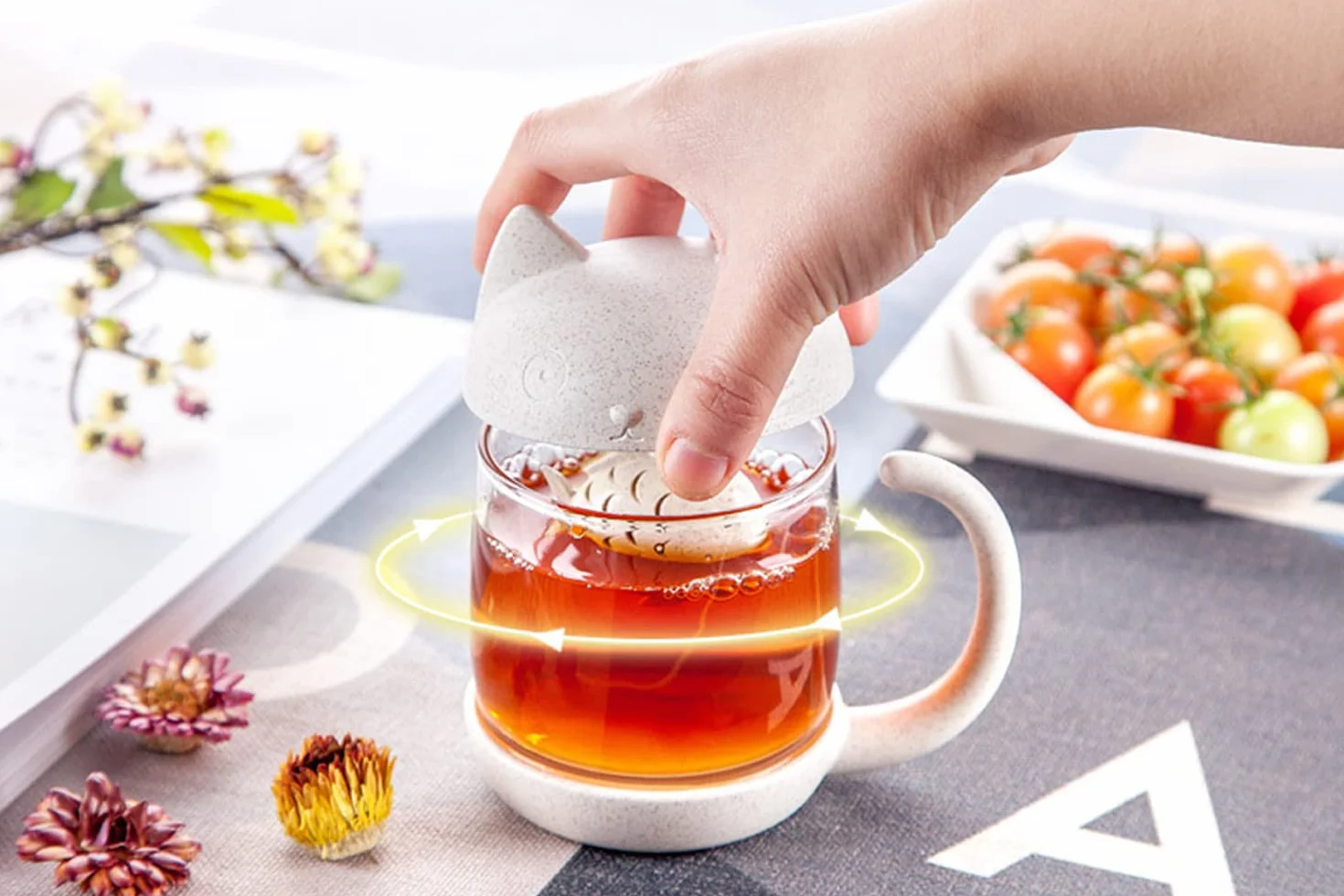 Cymax Szklany kubek do herbaty o pojemności 250 ml z filtrem do herbaty w kształcie kota, idealny na ślub, prezent urodzinowy, Dzień Matki, Dzień Ojca dla miłośników kotów
