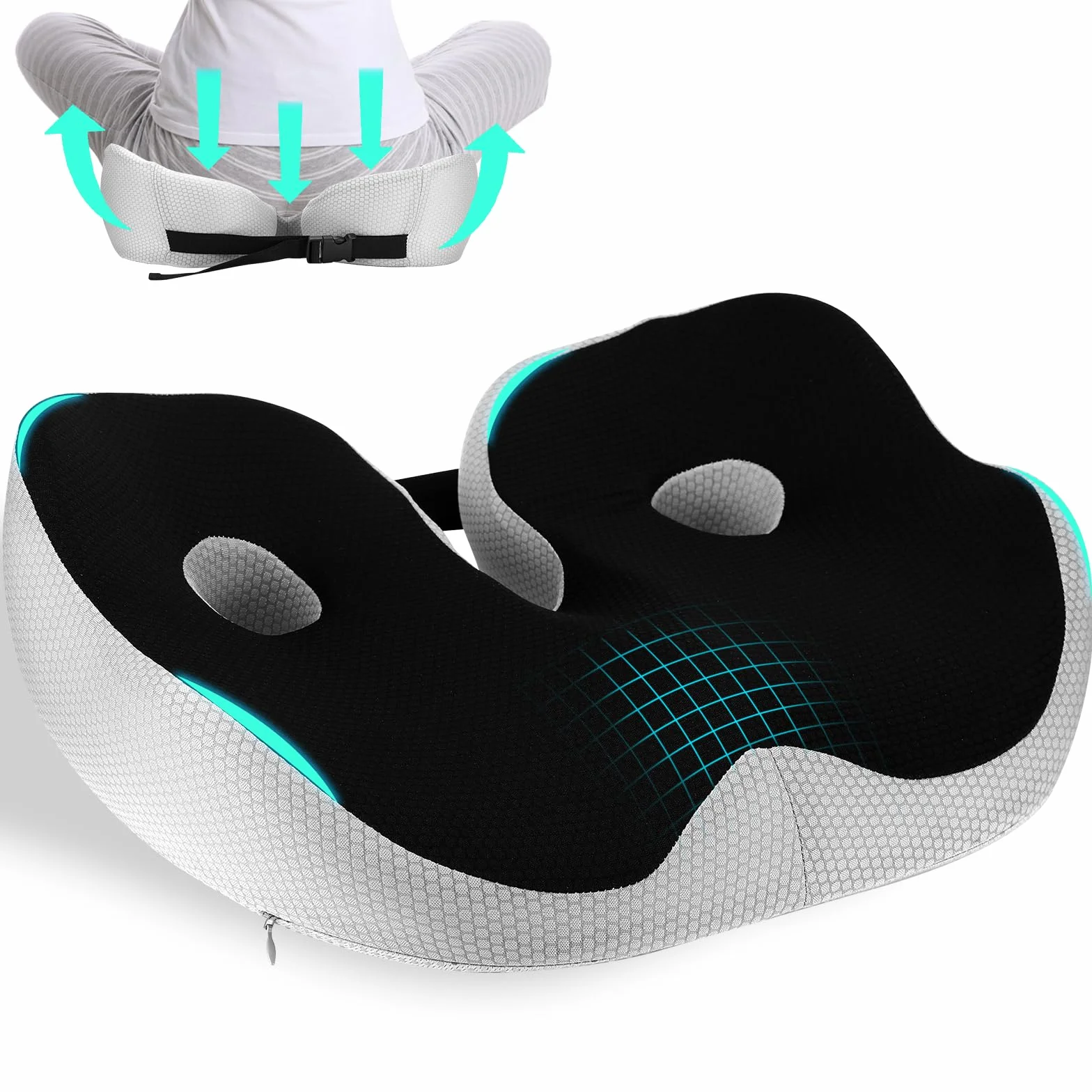 Orthopaedic Seat Cushion, Memory Foam Coccyx, ergonomiczna poduszka biurowa, regulowana szerokość siedziska, poduszka łagodząca bóle bioder i kości ogonowej, do biura, domu, samochodu (czarna)