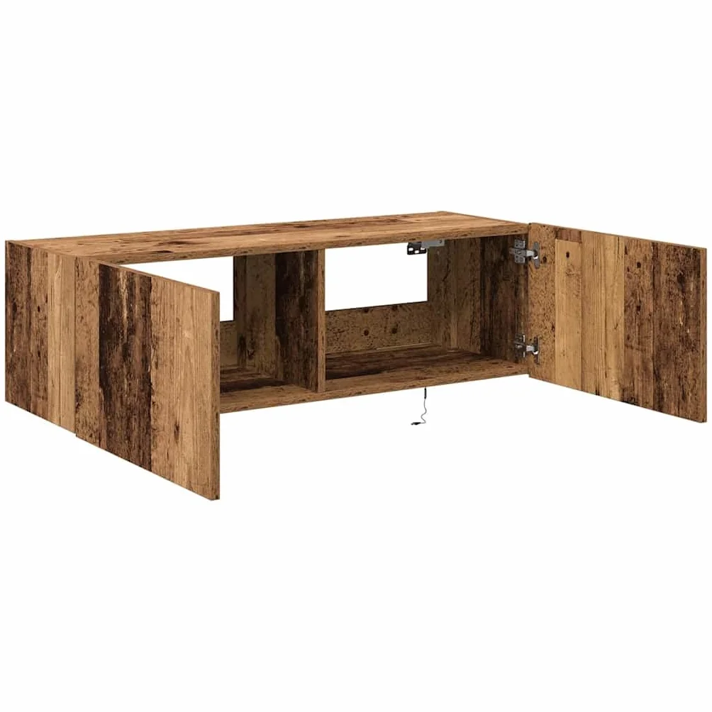 Szafka ścienna pod telewizor, zestaw 2 sztuk, wygląd starego drewna, 100 x 35 x 31 cm, materiał drewnopochodny, unoszący się regał na media do salonu, wszechstronne oświetlenie LED, uchwyt na