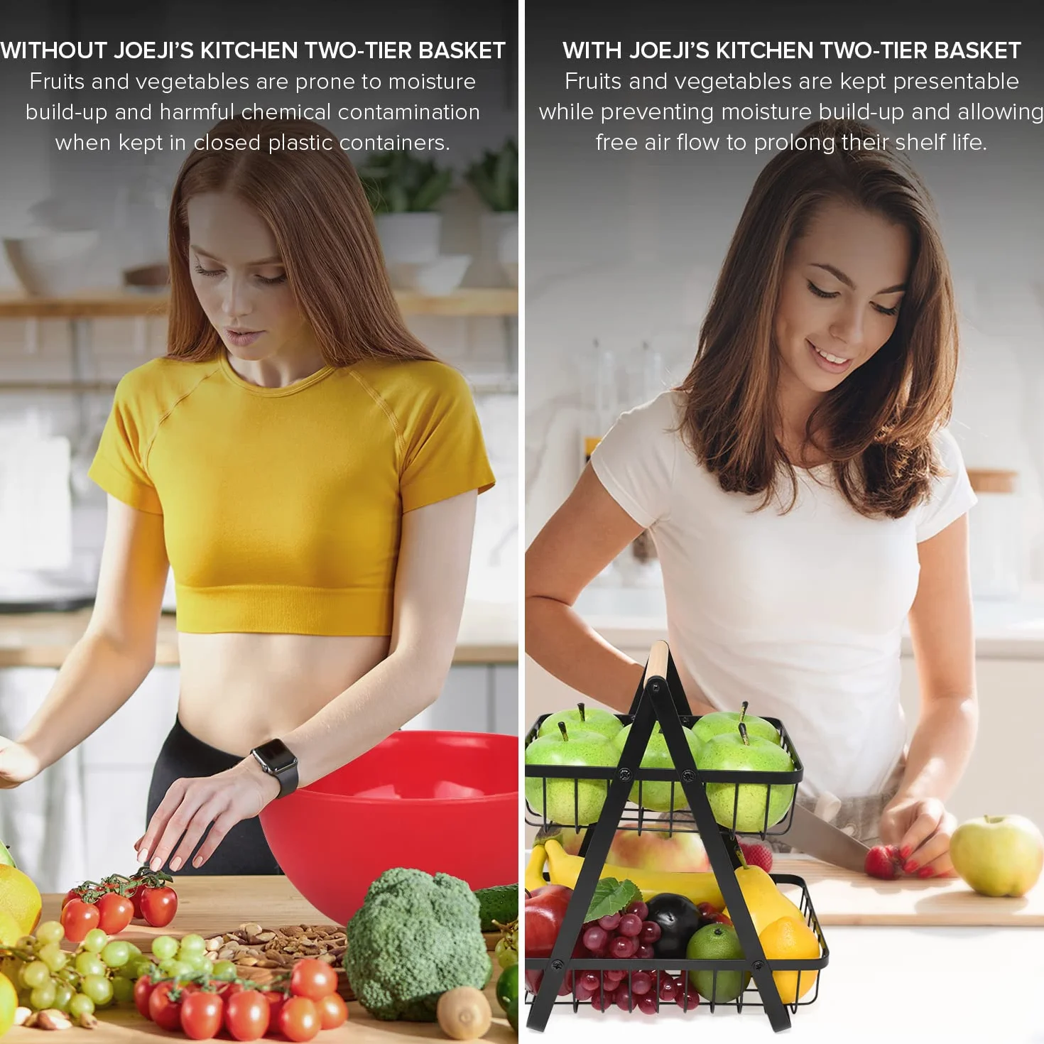 Joeji's Kitchen Czarny 2-poziomowy stojak do przechowywania owoców i warzyw, kosze na owoce ze stali nierdzewnej do kuchni, oszczędzający miejsce kosz na warzywa i kosz na owoce