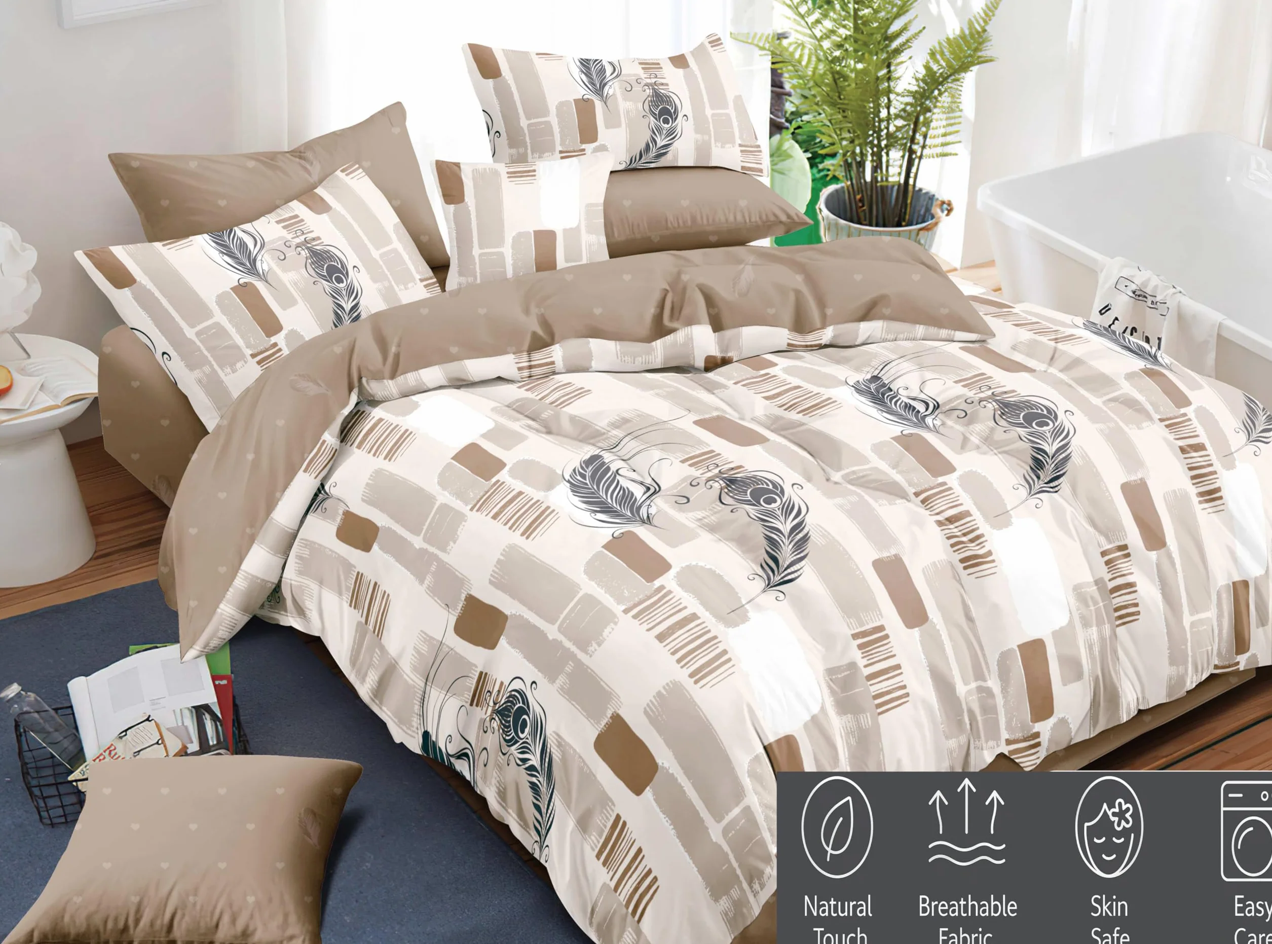 Komplet Pościeli Bawełna 160x200cm Beżowo-Biały Pióra 3 Elementy