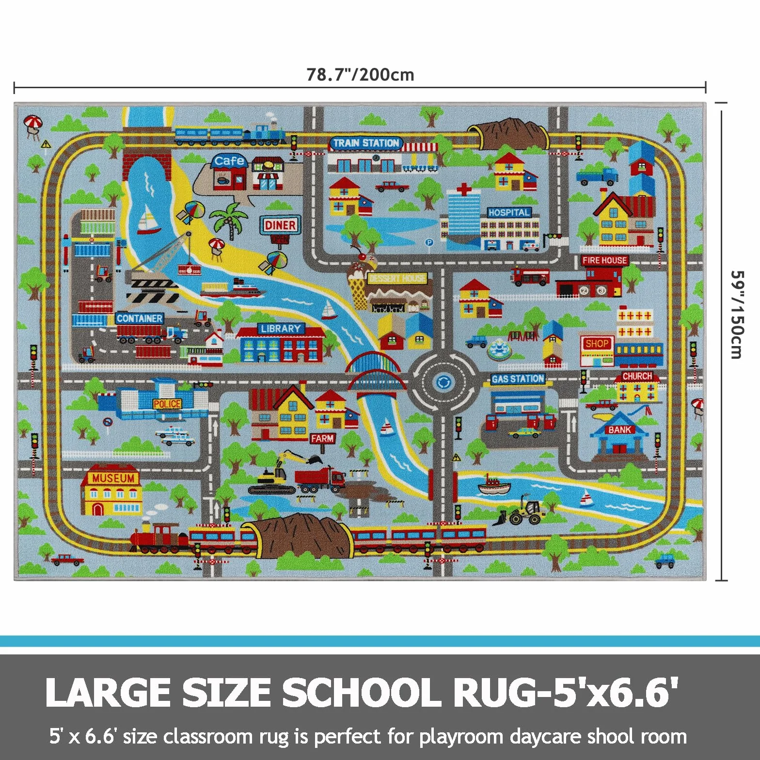 Capslpad Antypoślizgowa mata do zabawy dla dzieci, 150 x 200 cm, z mapą miasta, plac zabaw, nadaje się do prania, mata do zabawy, z krótkim włosiem, do nauki, do pokoju dziecięcego, pokoju zabaw