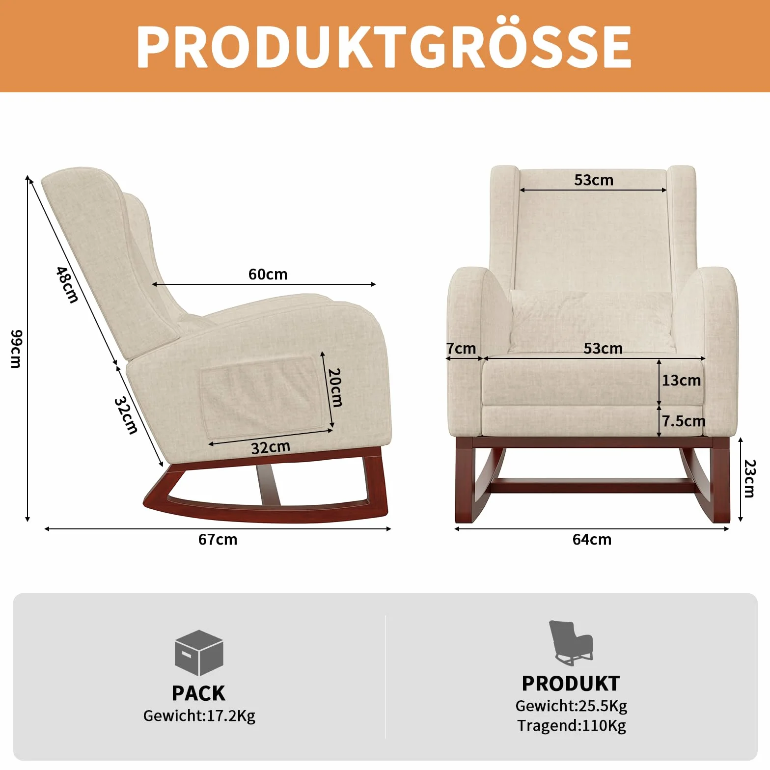 Fotel bujany tapicerowany z regulowanym podnóżkiem i poduszką lędźwiową, beżowy 67x64x99 cm