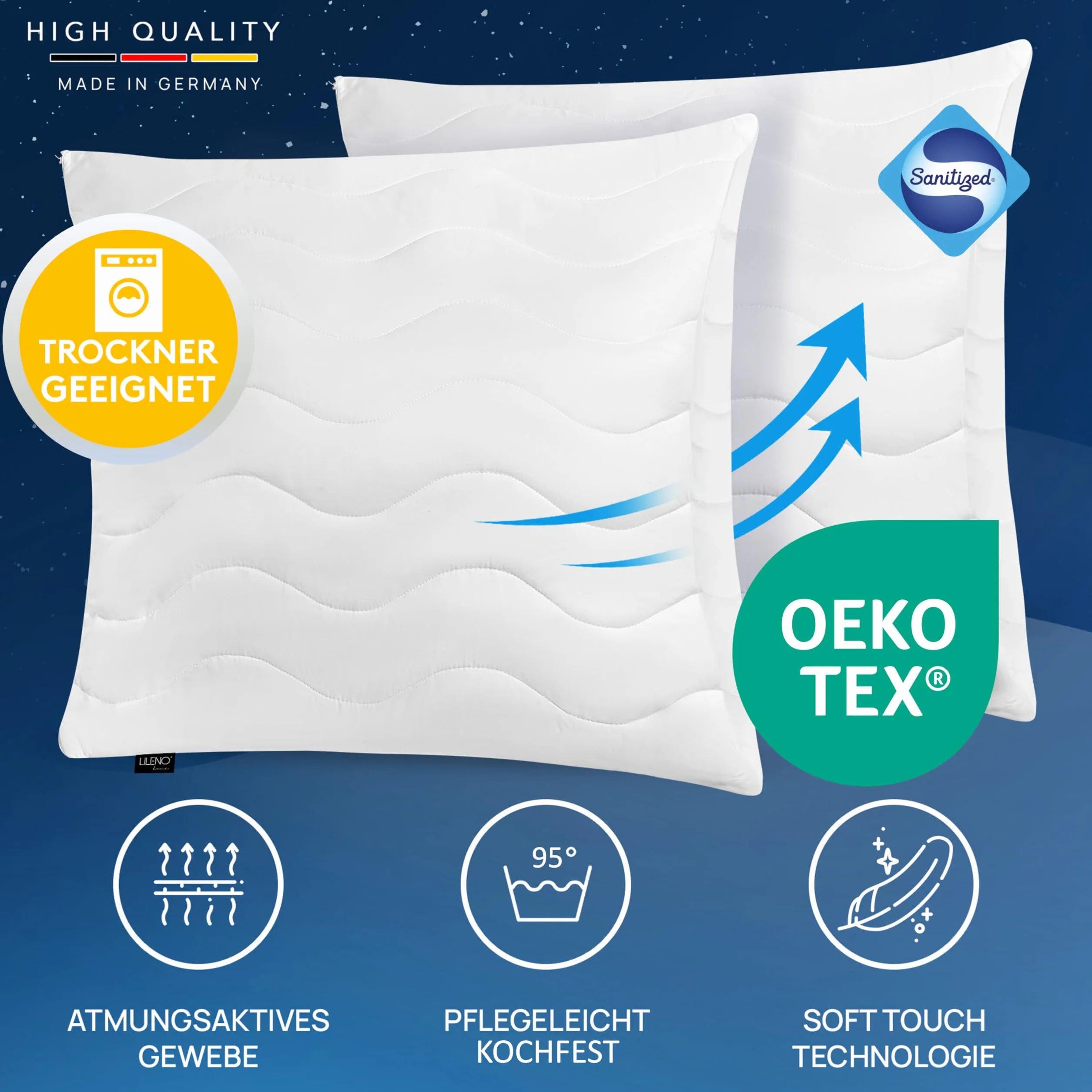 LILENO HOME Poduszka 80x80 Zestaw 2 szt. Antybakteryjna Odporna na Gotowanie 95°C Dla Alergików