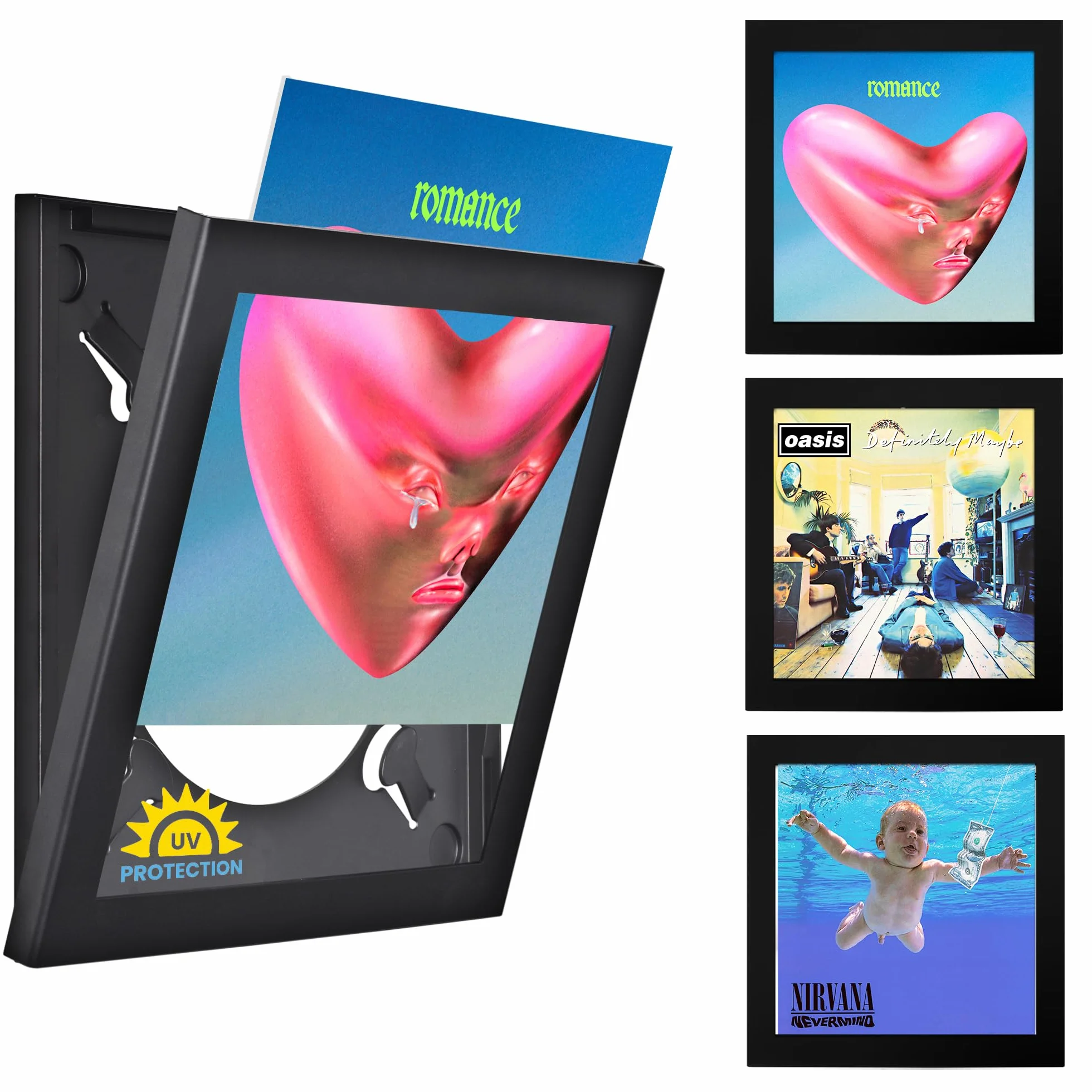 Art Vinyl Play and Display Rama na Winyle - Zestaw 3 Sztuk 38 x 38 cm Czarny Mat z Ochroną UV i Akrylem Odpornym na Zarysowania - Na Pojedynczy Winyl lub 1-3 LP/Podwójny LP Gatefold - Łatwy Montaż