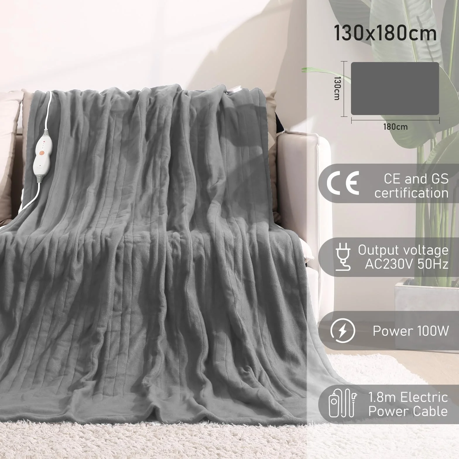 CURECURE Koc grzewczy, 4-stopniowe ogrzewanie, 6-godzinne automatyczne wyłączanie, szybkie i równomierne ogrzewanie, 130 x 180 cm, wygodna pojedyncza włóknina, ciepło dookoła, można prać w pralce,