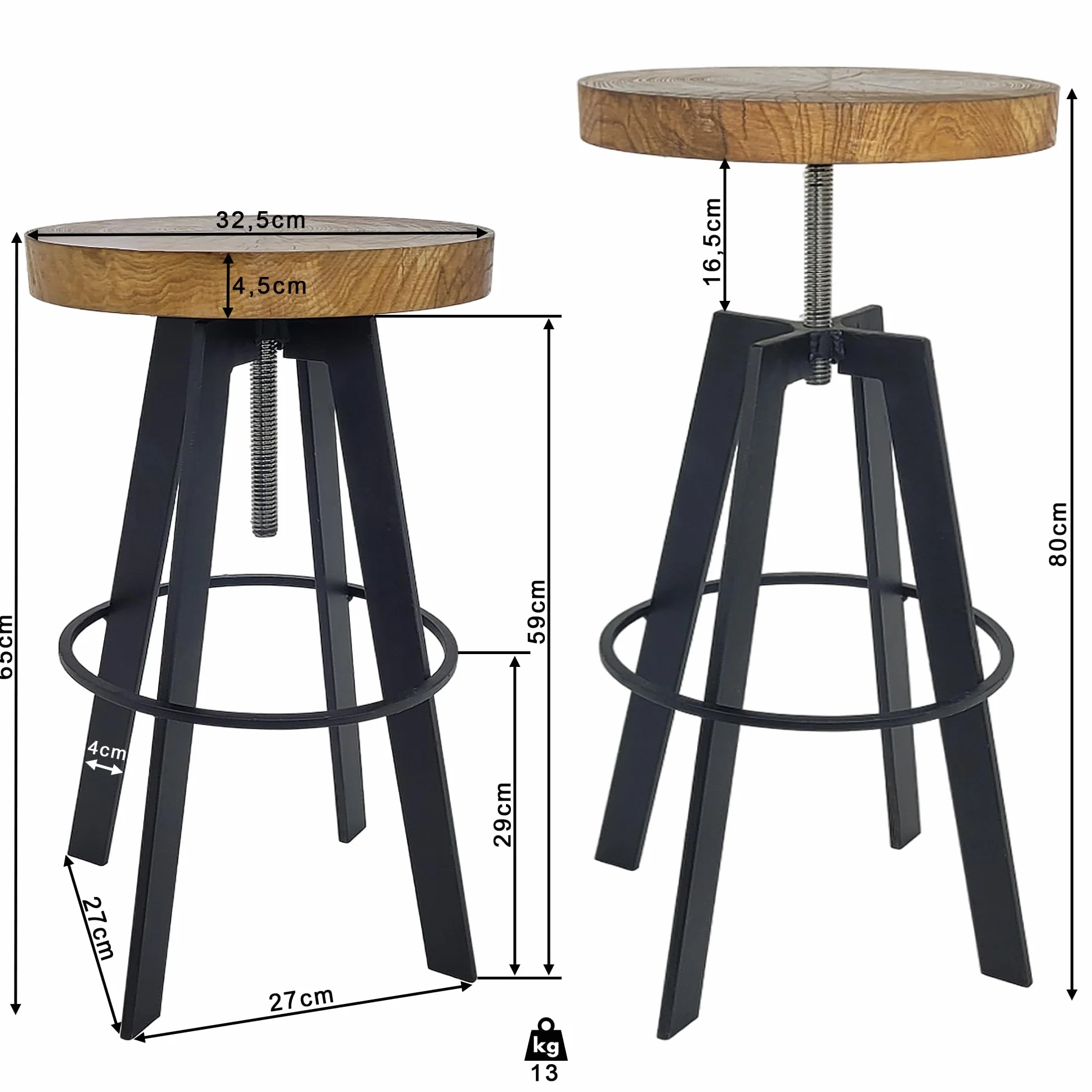 weeco Taboret z obrotowym drewnianym siedziskiem i metalowymi nogami. Stołek z regulacją wysokości siedziska, wysokość 65-80 cm, waga 13 kg