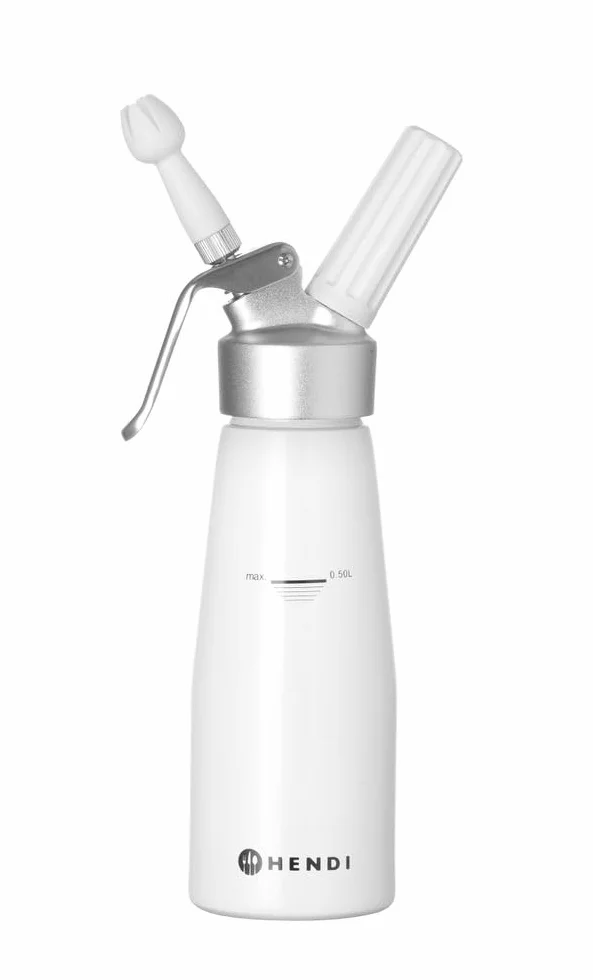 HENDI Syfon do bitej śmietany, w tym zestaw 3 dysz polipropylenowych i szczoteczka do czyszczenia, do przygotowania bitej śmietany, 0,5L, ø80x(H)260mm, aluminium, biały