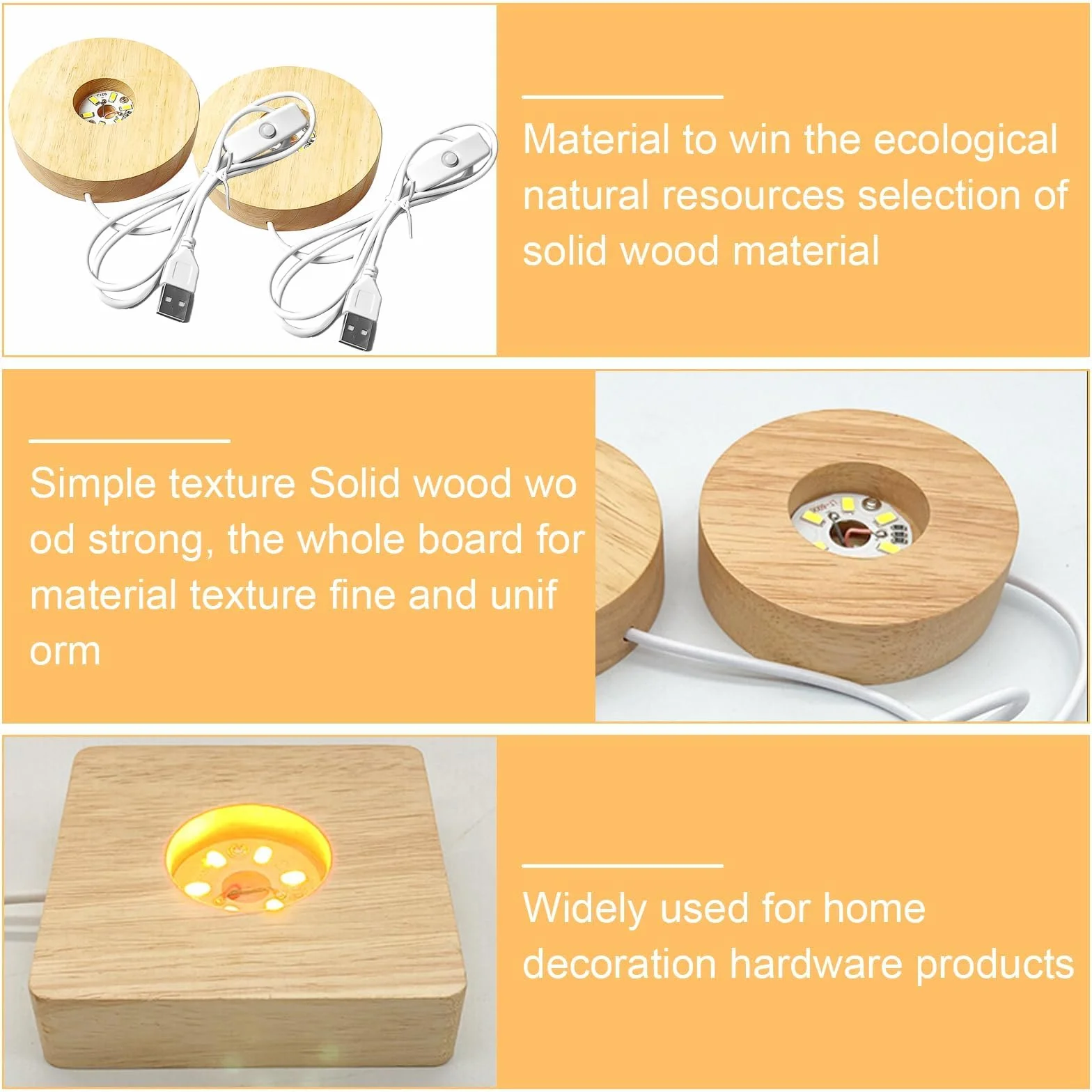 Drewniana podstawa świetlna LED, 4 sztuki, USB LED, do szkła akrylowego, ciepła barwa LED, podstawa do oświetlenia kryształowego, akrylowego, biżuterii, żywicy (kwadrat)