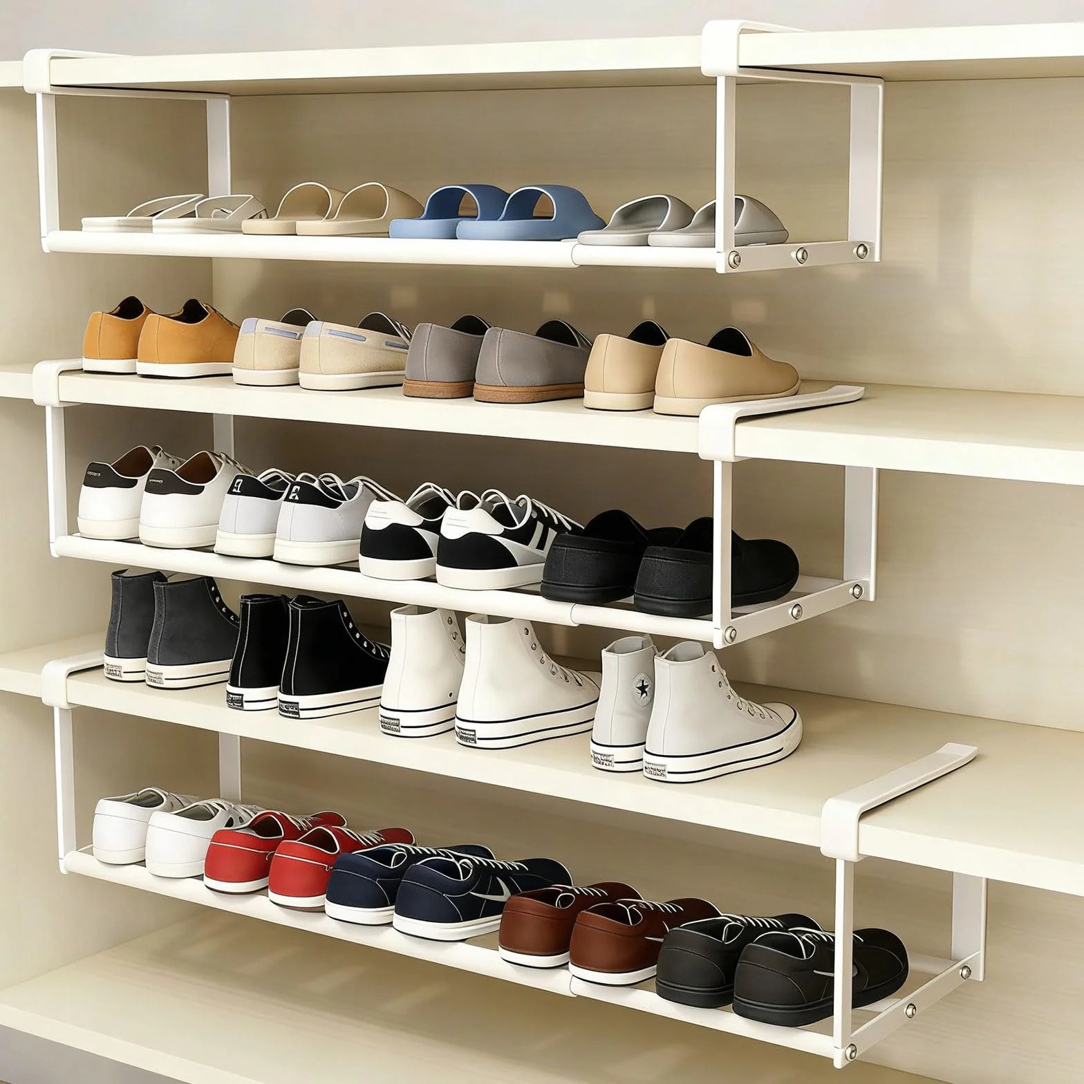 Wiszący regał na buty, organizer w szafie, regulowany 40-70 cm, podwyższony regał pod szafkę, wiszący regał pod biurko, do szafek kuchennych, szafek na buty, szafek na ubrania (biały)