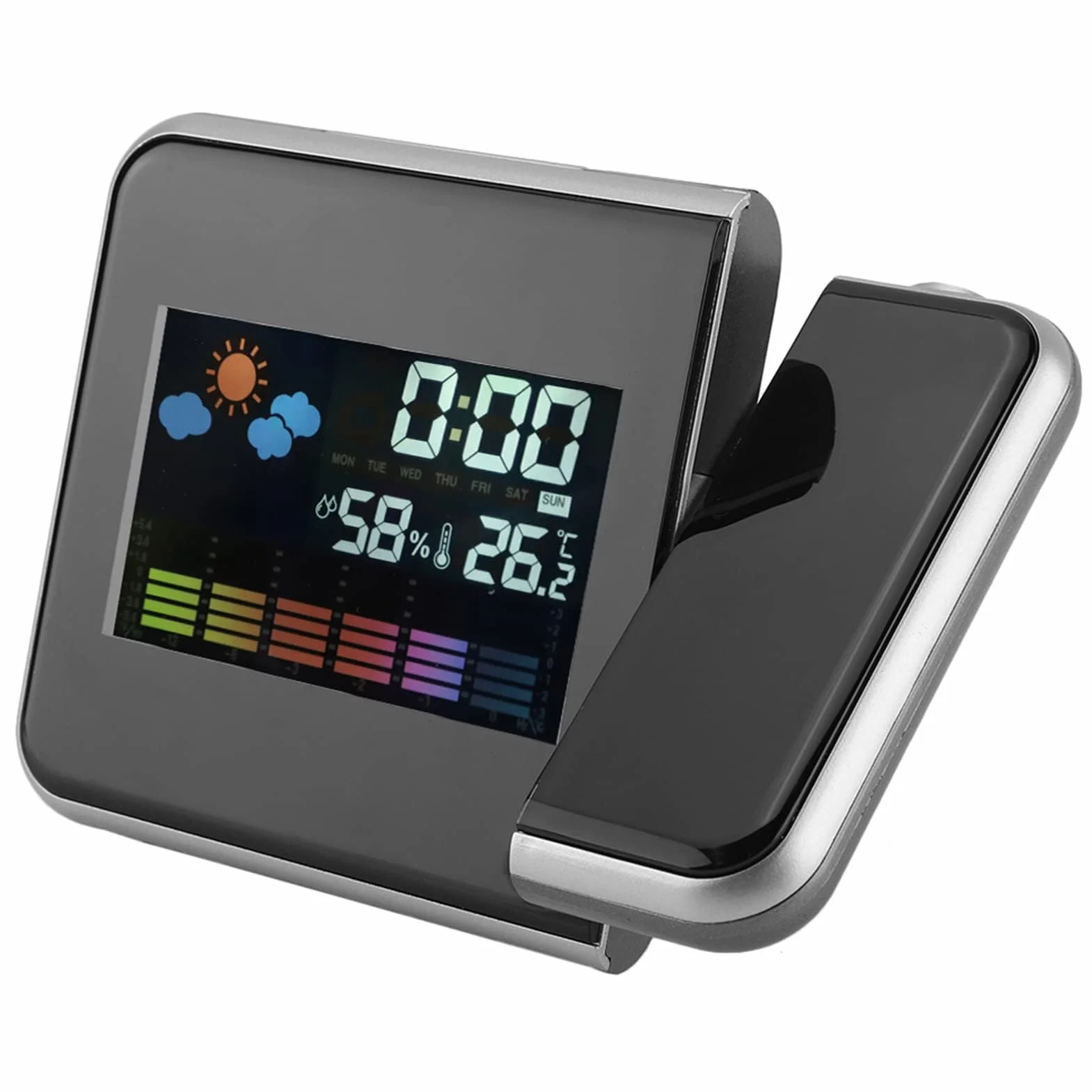 Projektor Pogody LED z Budzikiem Projekcja na Budziku Sufitowym Ładowarka USB Cyfrowy Budzik z projekcją Praktyczny Wewnątrz na Zewnątrz do Domu do Sypialni (czarny) (BLACK)