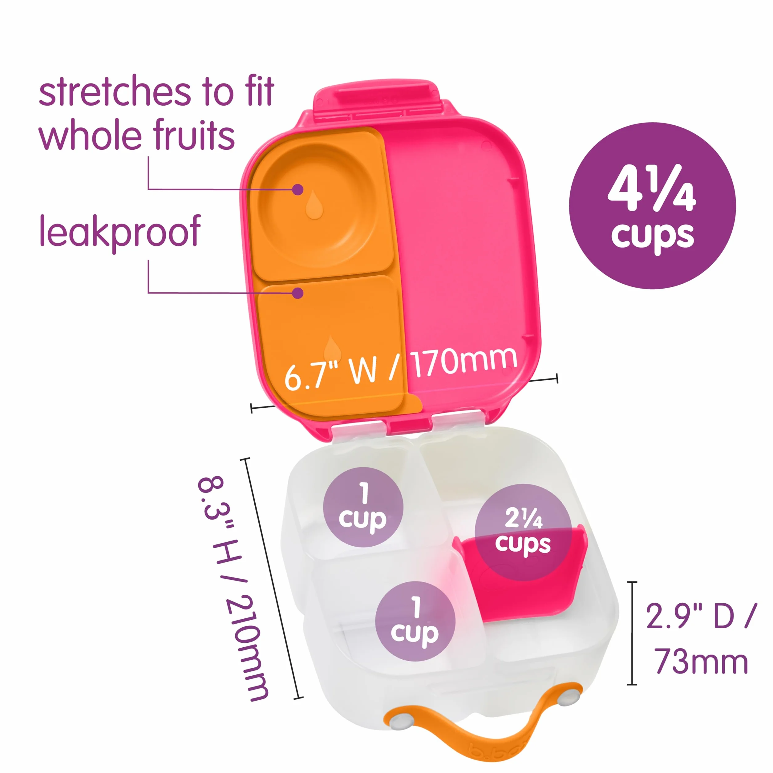 b.box Mini pudełko na lunch Bento z 3 przegródkami (2 szczelne), optymalne dla małych dzieci, na lunch i przekąski, pasuje na cały owoc, bez BPA, shake truskawkowy
