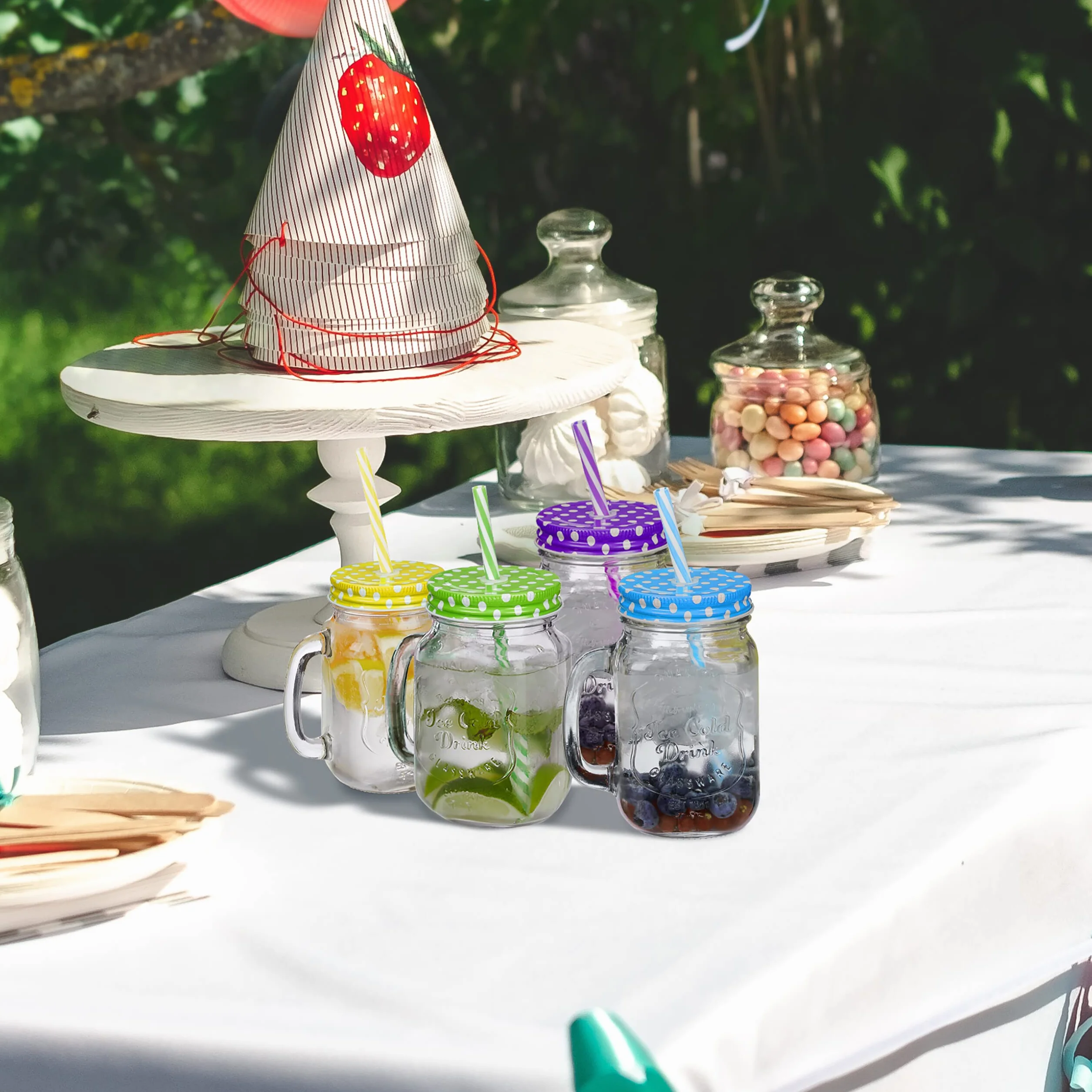 Relaxdays zestaw 4 słoików ze słomkami, retro szklanki na napoje z uchwytami, po 500 ml, idealne na lato, kolorowy