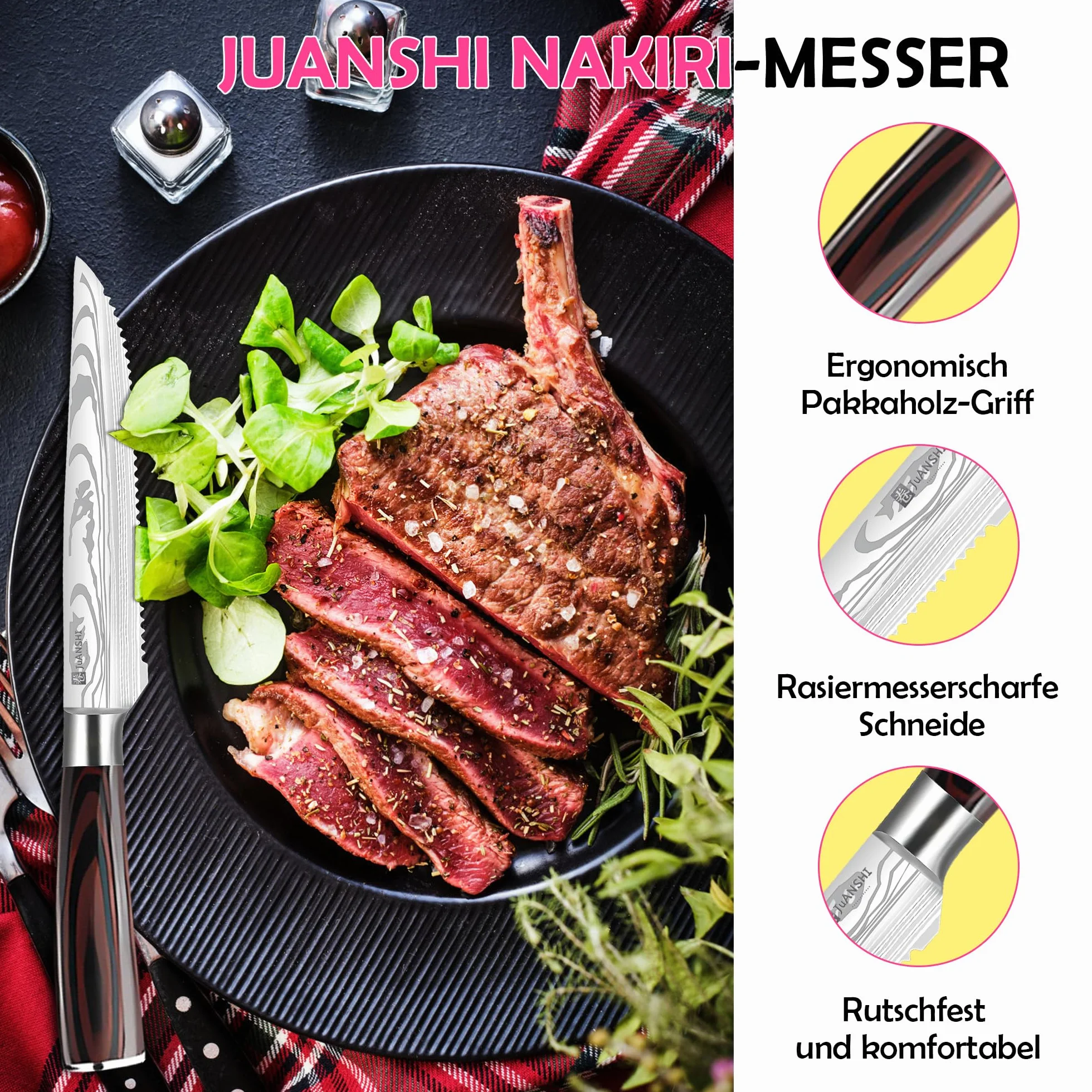 JUANSHI Noże kuchenne profesjonalny nóż szefa kuchni nóż do chleba Santoku nóż kuchenny (nóż do steków 11,4 cm)