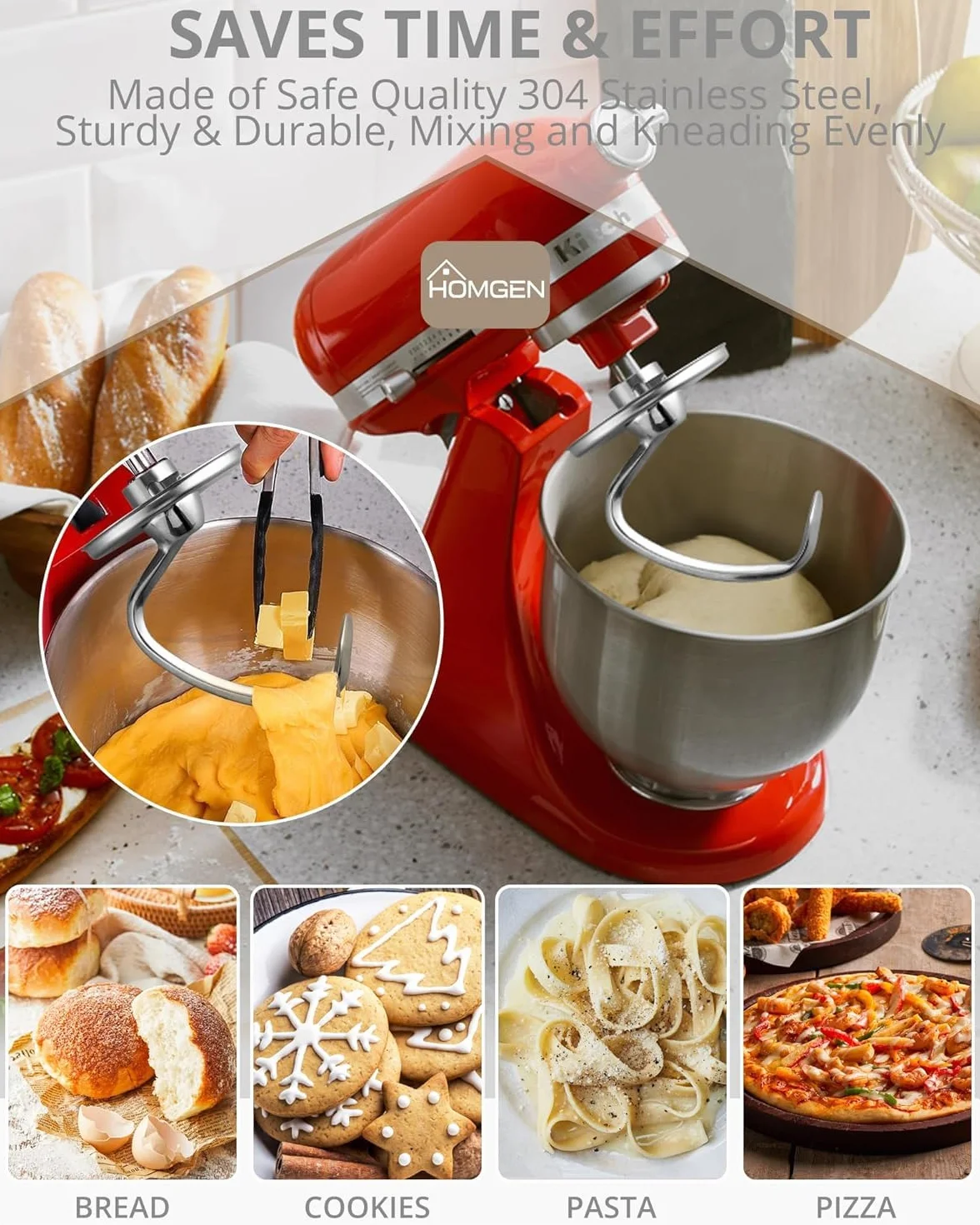 HOMGEN 304 stal nierdzewna Końcówka do zagniatania ciasta do miksera Kitchenaid Pasuje do 4.5-5Qt Akcesoria do miksera Kitchenaid Końcówka do ciasta w kształcie spirali Akcesoria do miksera stojącego